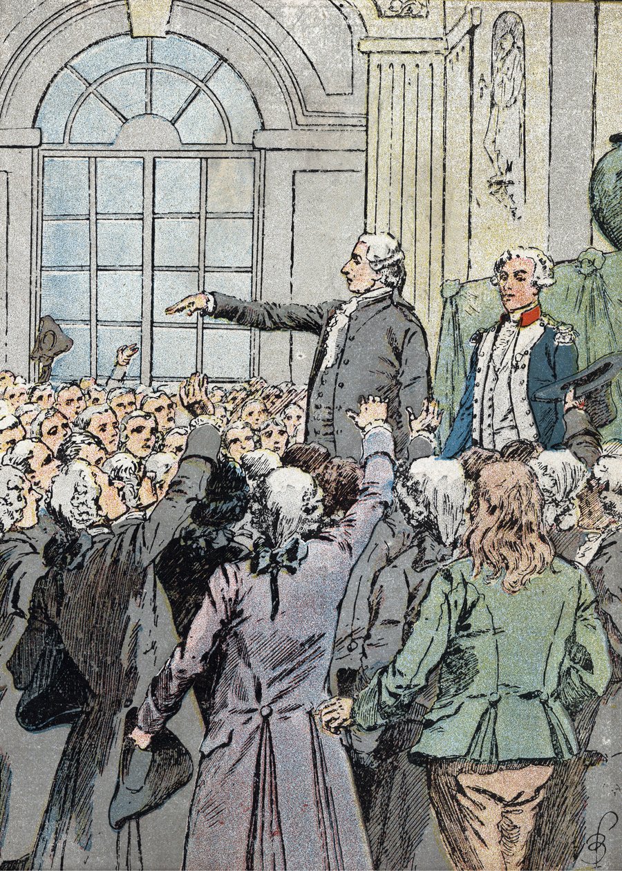 Ranskan vallankumous: "" Varajäsen Jean Sylvain Bailly (1736-1793) valittiin Pariisin pormestariksi 15.7.1789 La Fayetten läsnä ollessa"" (poliittinen johtaja Jean-Sylvain Bailly valittiin Pariisin pormestariksi 15. heinäkuuta 1789) Kuvitus Louis Charles B tekijältä Louis Charles Bombled