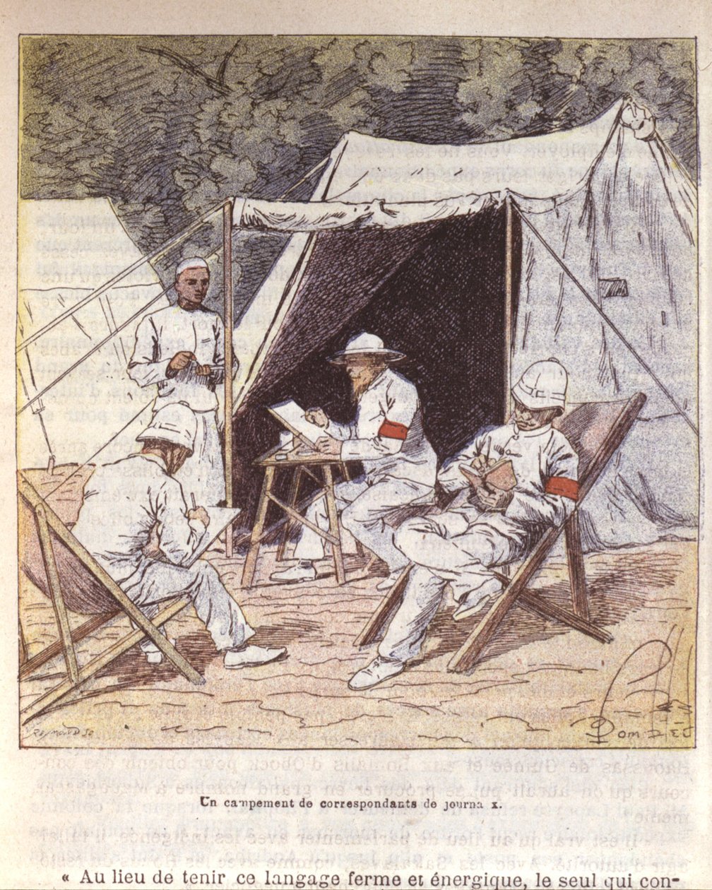Ranskan sotakirjeenvaihtajat Madagaskarissa, kun Ranska liitti sen 1895-1896 (väri litho) tekijältä Louis Charles Bombled