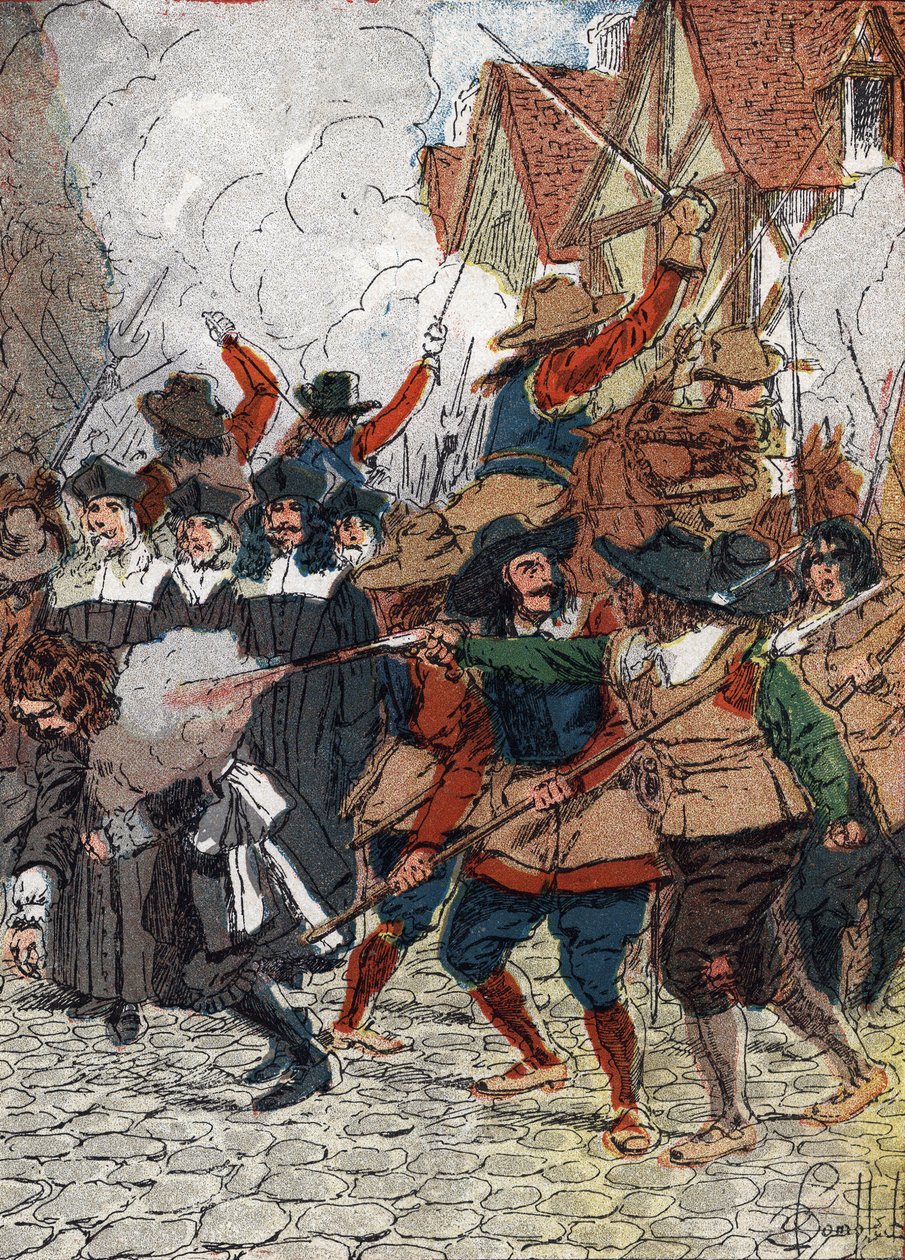 Fronde (1648-1653): Olkipäivänä 4.7.1652 kaupungintalo poltettiin ja noin kolmekymmentä huomattavaa, jotka tulivat kuningas Ludvig XIV:n kannalle, koska he halusivat lopettaa Pariisin piirityksen, joutuivat joukkomurhiin. työläisiksi naamioituneiden sotila tekijältä Louis Charles Bombled