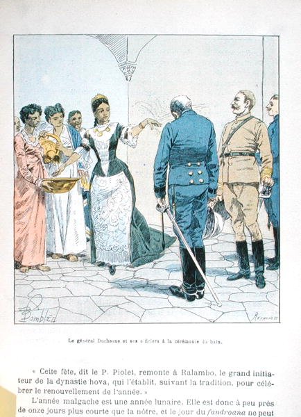 Kenraali Duchesne ja hänen upseerinsa kuningatar Ranavalona III:n kylpyseremoniassa (1862-1917), H.Gallin teoksesta "La Guerre a Madagascar", 1800-luvun loppu (värilitho) tekijältä Louis Charles Bombled