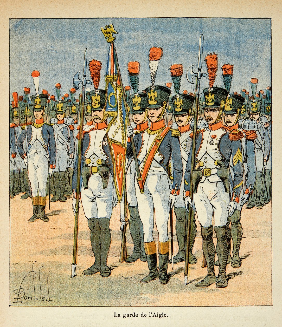 Bombled Louisin (1862-1927) kuvitus kreivi Emmanuel de Las Casesin (1766-1842) kirjasta "The Memorial of Saint Helene": The Guard of the Eagle (luonut Napoleon suojellakseen lippua), yksityinen kokoelma tekijältä Louis Charles Bombled