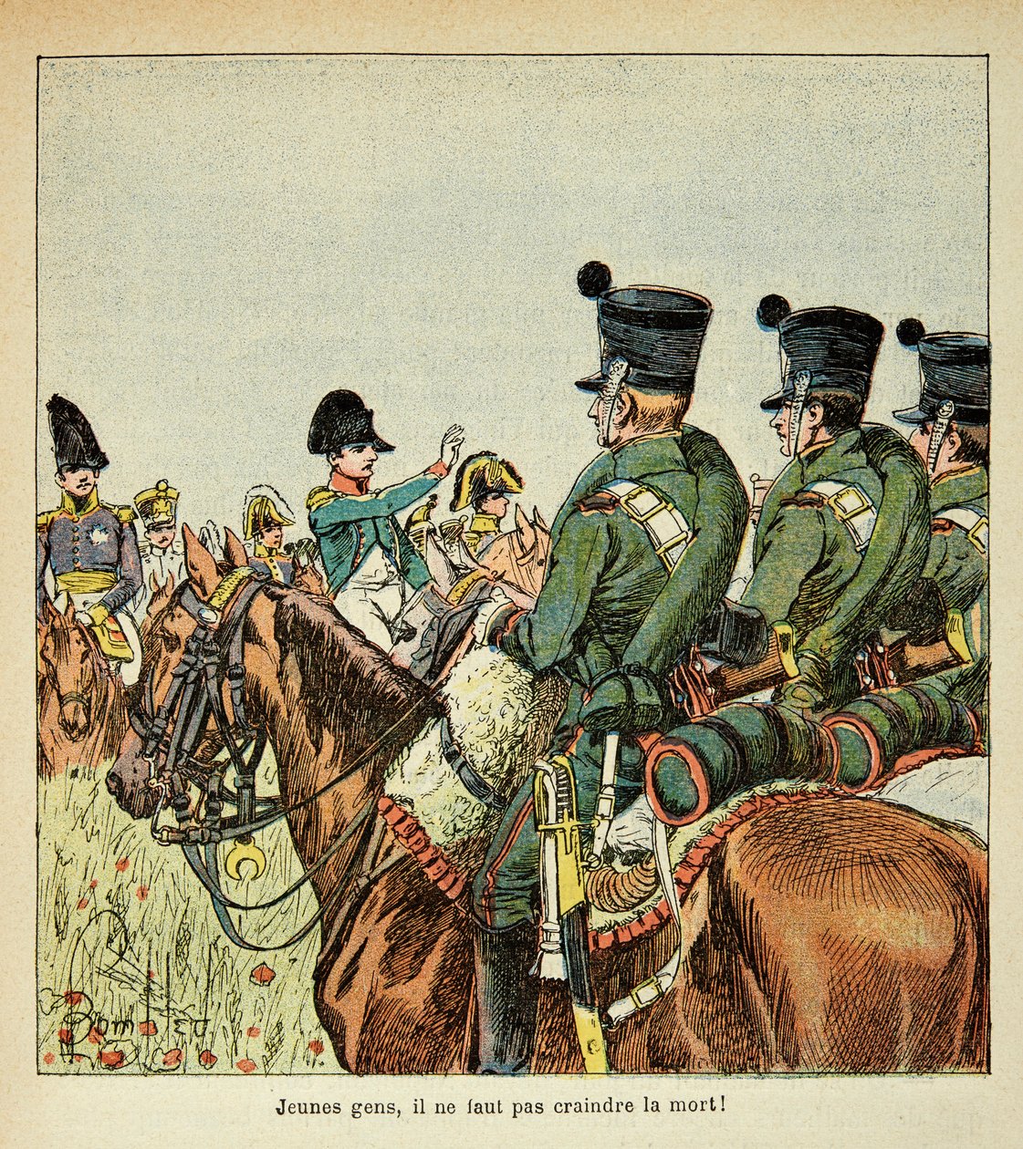 Pommitetun Louisin (1862-1927) kuvitus kreivi Emmanuel de Las Casesin (1766-1842) kirjasta "The Memorial of Saint Helene": Napoleon harangue the joukot, yksityinen kokoelma tekijältä Louis Charles Bombled