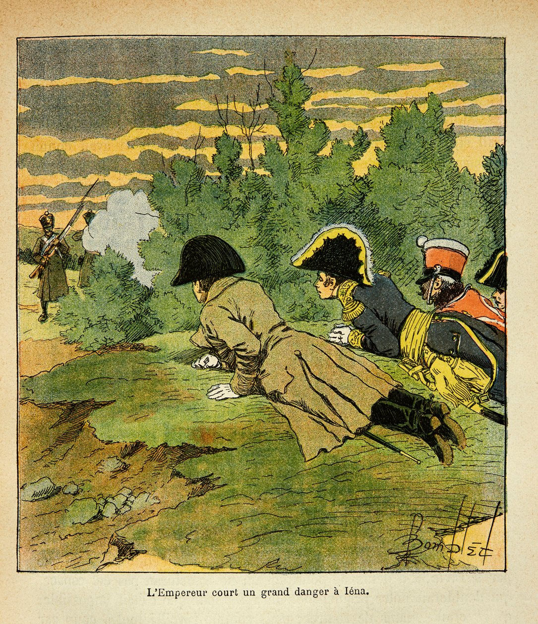 Bombled Louisin (1862-1927) kuvitus kreivi Emmanuel de Las Casesin (1766-1842) kirjasta "Saint Helenen muistomerkki": Ienan taistelun aattona keisari Napoleon heittäytyy vihollisen linjat tunnistettuaan litteäksi, kun ranskalainen senti tekijältä Louis Charles Bombled