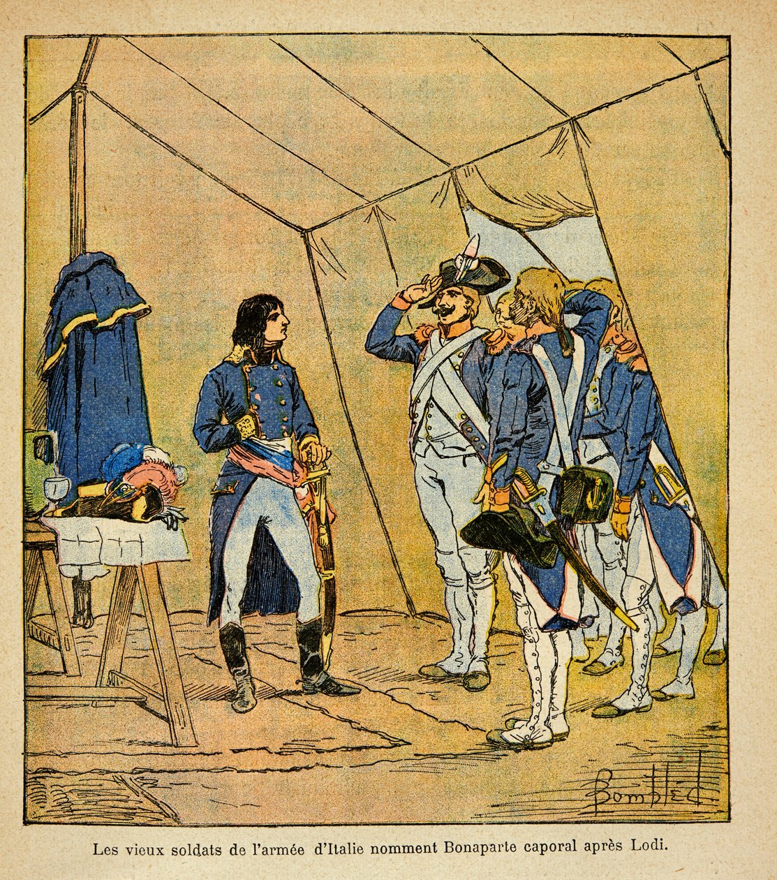 Pommitetun Louisin (1862-1927) kuvitus kreivi Emmanuel de Las Casesin (1766-1842) kirjasta "The Memorial of Saint Helene": Italian armeijan vanhat sotilaat nimeltä Bonaparte alikersantti Lodin taistelun jälkeen vuonna 1796, yksityinen Kokoelma tekijältä Louis Charles Bombled