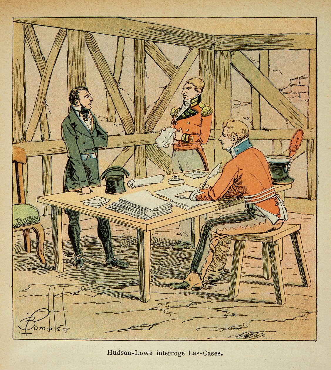 Il·lustració de Louis bombardejat (1862-1927) del comte Emmanuel de Las Cases (1766-1842): el governador Hudson Lowe (1769-1844) preguntes a Las Cases, col·lecció privada finlandès tekijältä Louis Charles Bombled
