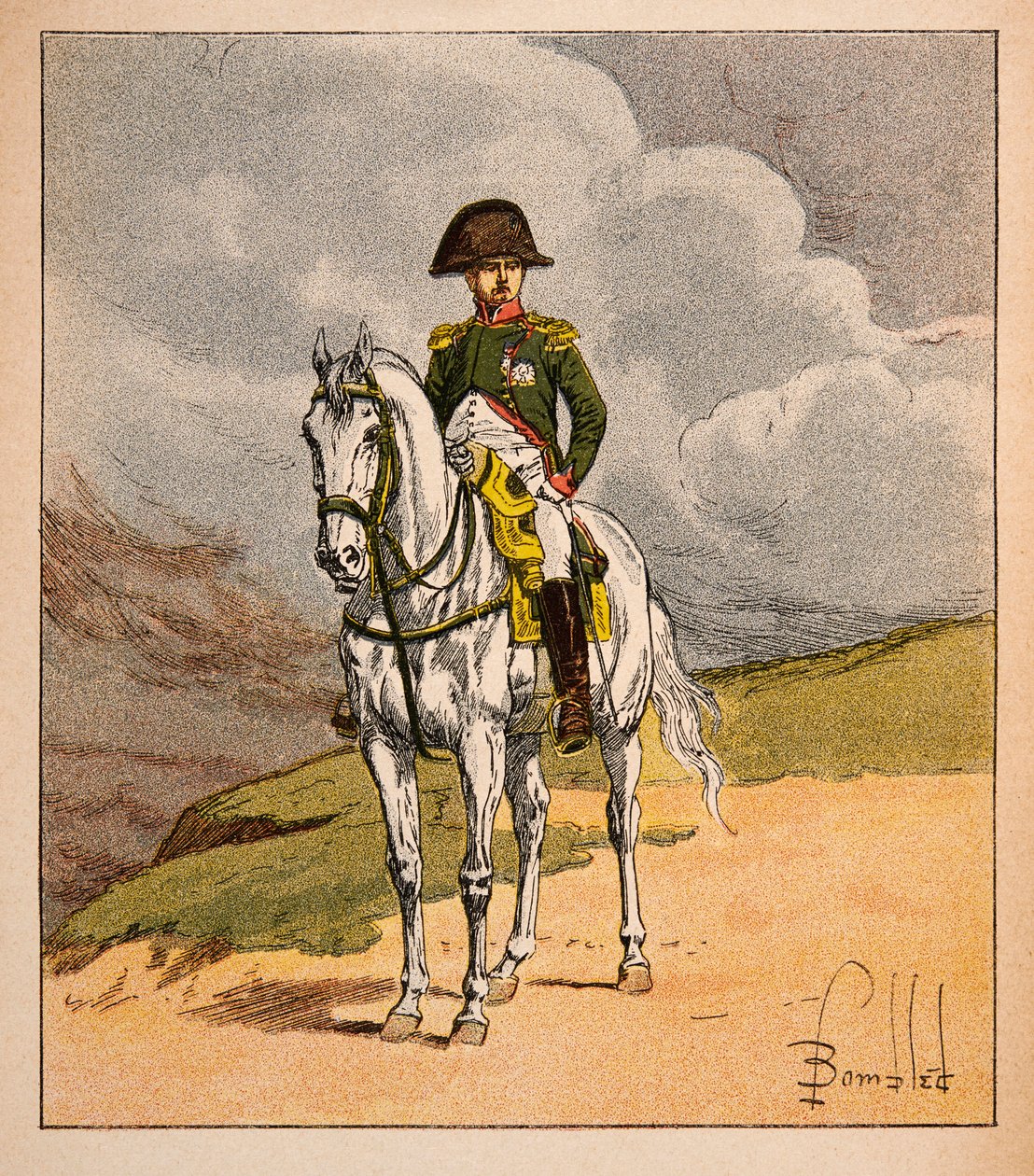 Kuva Bombled Louisista (1862-1927) kreivi Emmanuel de Las Casesin (1766-1842) kirjasta "The Memorial of Saint Helene": Equestrian Portrait of Emperor Napoleon 1.er, yksityinen kokoelma tekijältä Louis Charles Bombled