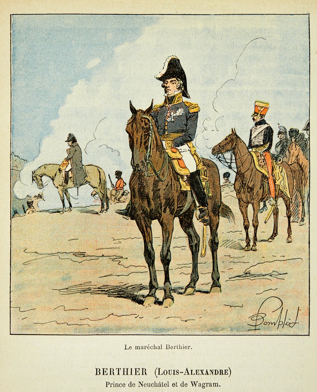 Kuvitus Bombled Louisista (1862-1927) kreivi Emmanuel de Las Casesin (1766-1842) kirjasta "Saint Helenen muistomerkki": Neufchatelin ja Wagramin ruhtinas Louis Alexandre Berthierin (1753-1815) ratsumuotokuva, yksityiskokoelma. tekijältä Louis Charles Bombled