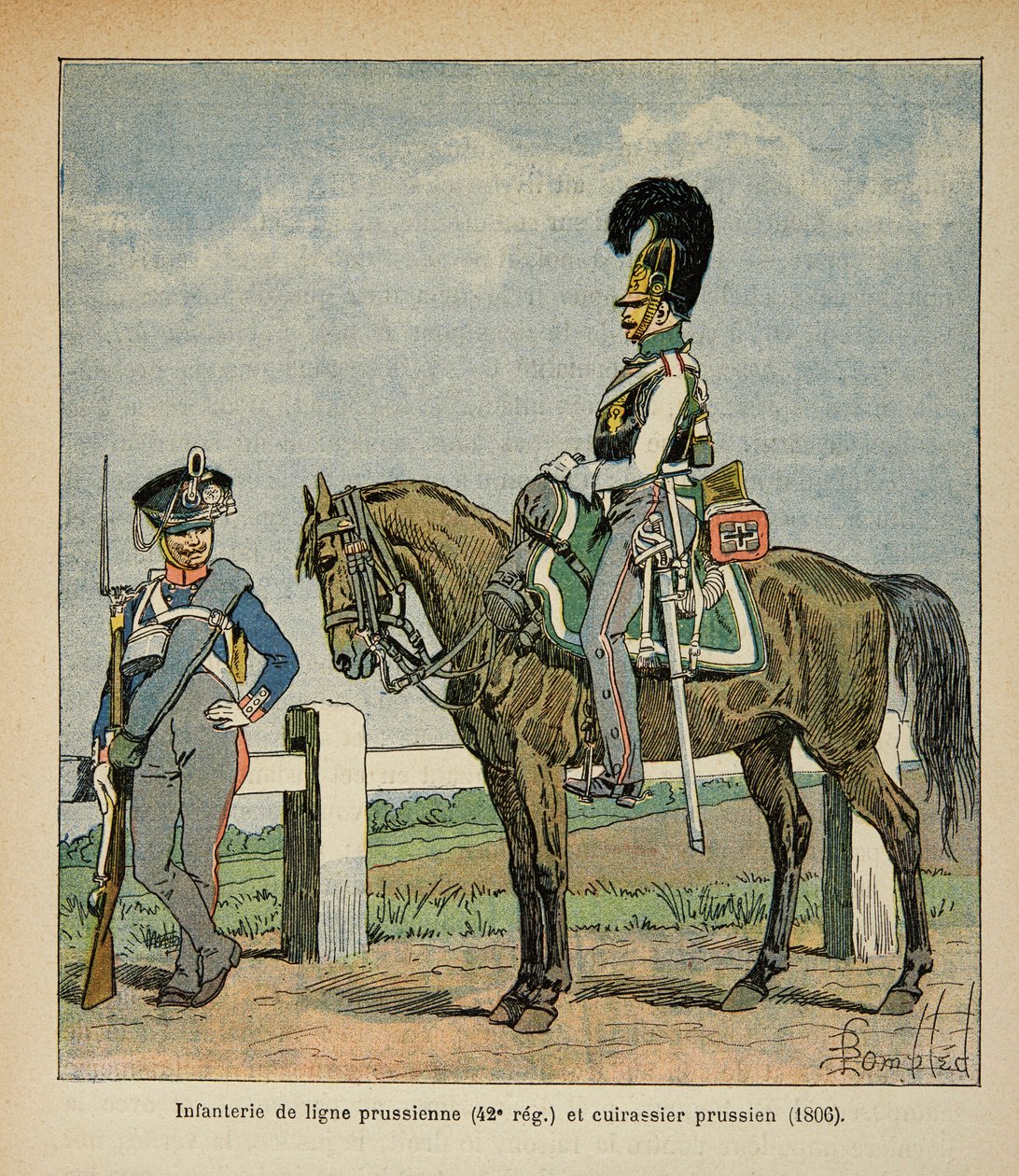 Kuvitus Bombled Louisista (1862-1927) kreivi Emmanuel de Las Casesin (1766-1842) kirjasta "Saint Helenen muistomerkki": Preussilaisen linjan jalkaväki (42, eme rykmentti) ja preussilaiset taistelulaivat. tekijältä Louis Charles Bombled