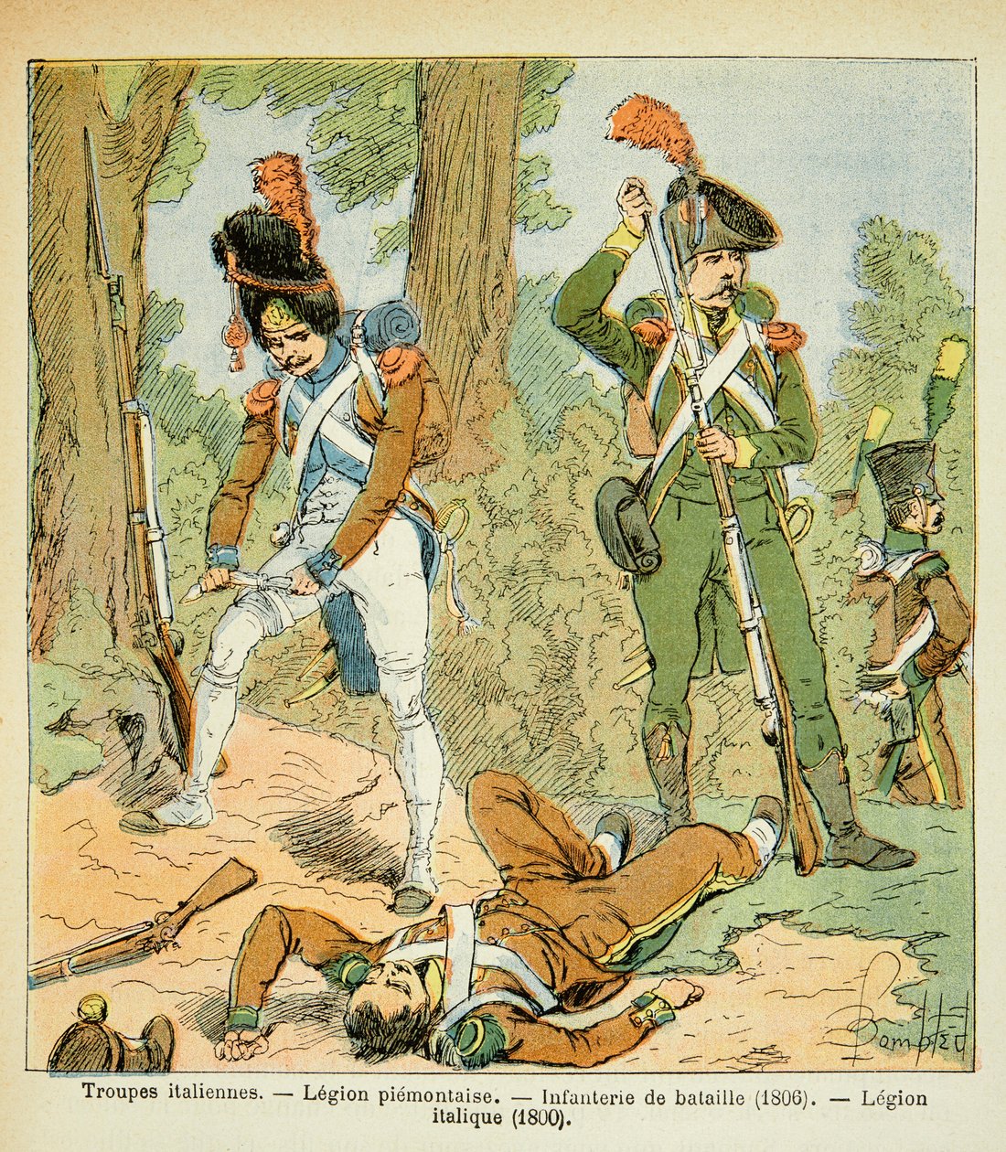 Kuva Bombled Louisista (1862-1927) kreivi Emmanuel de Las Casesin (1766-1842) kirjasta "The Memorial of Saint Helene": Italian joukot, Piemontaise Legion: Battle Infantry (1806, Italic Legion (1800), yksityinen kokoelma) tekijältä Louis Charles Bombled