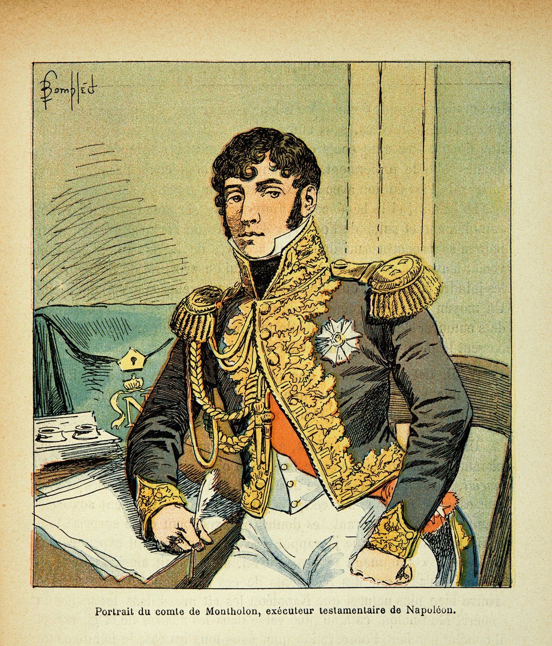 Kuvitus Bombled Louisista (1862-1927) kreivi Emmanuel de Las Casesin (1766-1842) kirjasta "Saint Helenen muistomerkki": Muotokuva kreivi Charles Tristan of Montholonista (1783-1853), keisari Napoleonin testamentin toimeenpanijasta, yksityiskokoelma. tekijältä Louis Charles Bombled