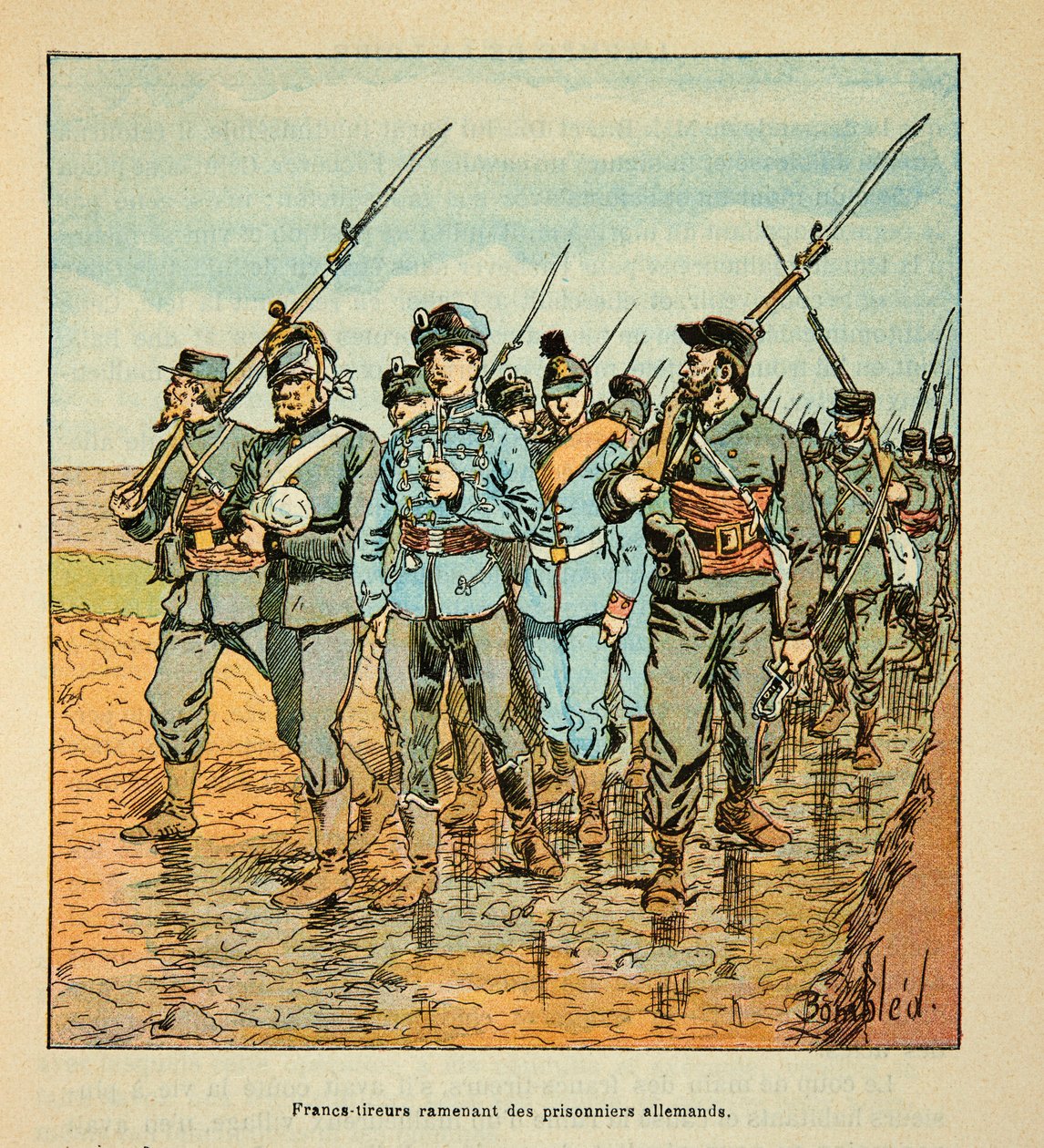 Loiren armeija, Eugene Sergent, Grenest, kuvittanut Louis Bombled (1862-1927) (Ranskan ja Saksan sota; kampanja 1870-1871): Vapaasitorit tuomassa takaisin saksalaisia ​​vankeja lokakuussa 1870, yksityinen kokoelma tekijältä Louis Charles Bombled