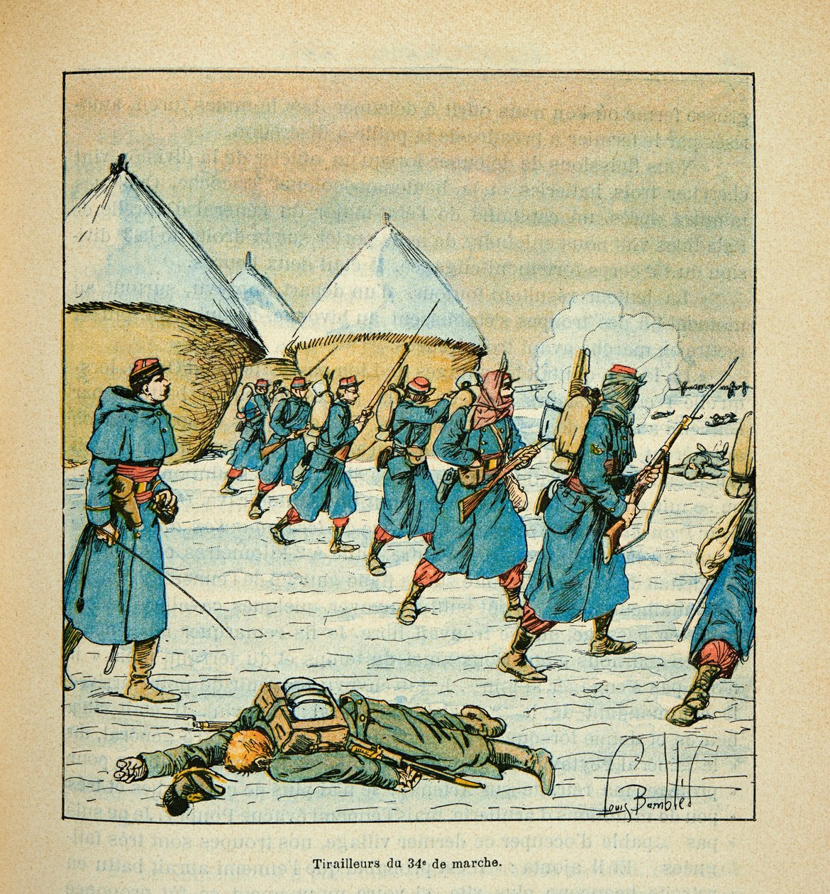 Eugene Sergentin Loiren armeija, Grenest, kuvittanut Louis Bombled (1862-1927) (Ranskan ja Saksan sota; kampanja 1870 -1871): Tirailleurs du 34, eme de marche aux combats de Poupry joulukuussa 1870, osittainen kokoelma tekijältä Louis Charles Bombled