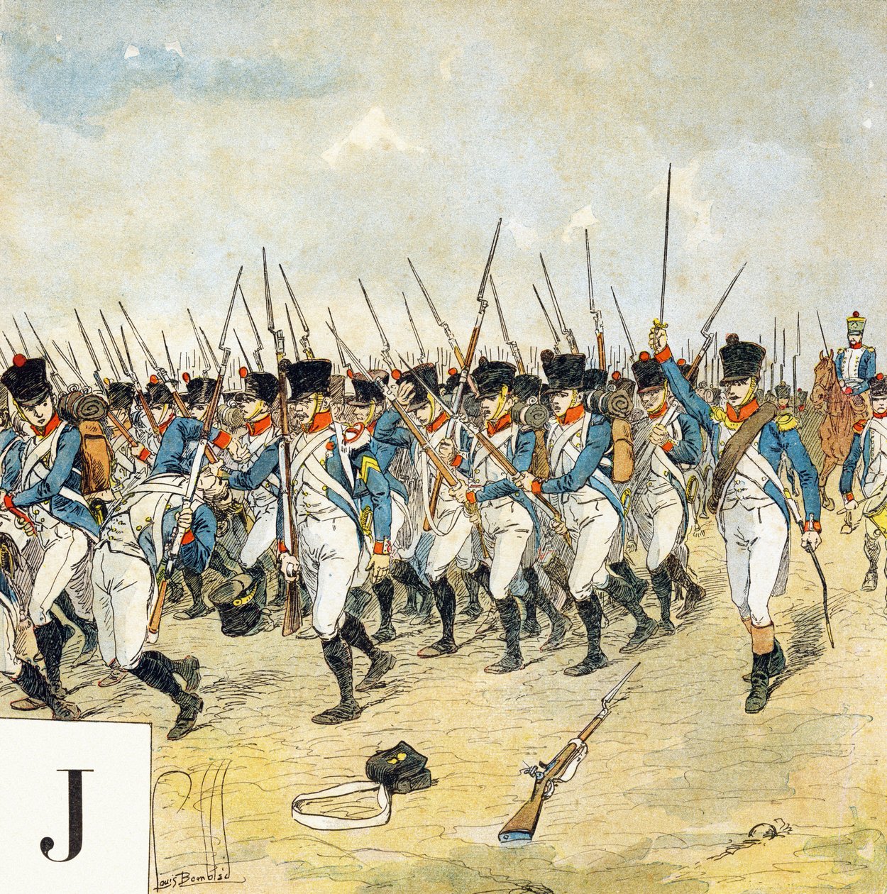 J-kirjain: Nuori vartija, "Je serai soldat" (Minusta tulee sotilas) - Sotilaaakkoset tekijältä Louis Charles Bombled