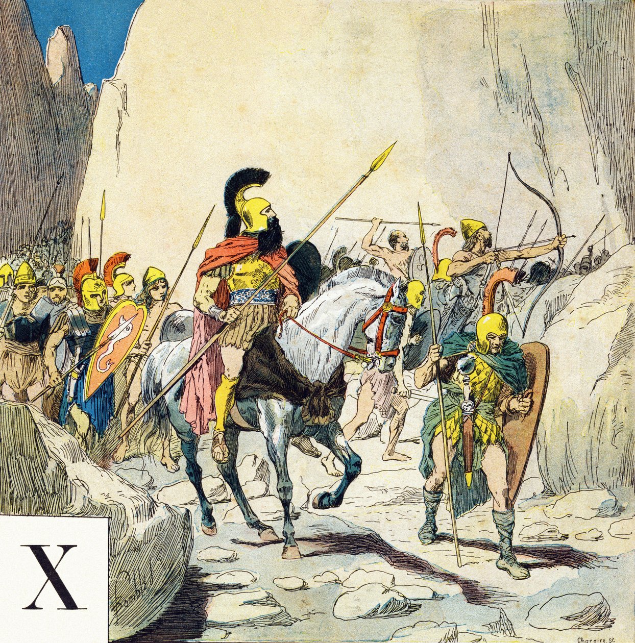 Kirjain X: Xenophon (430-355 eKr.), Kreikan sotilasjohtaja ja hänen armeijansa, "Je serai soldat" (Minusta tulee sotilas) - Sotilaaakkoset tekijältä Louis Charles Bombled