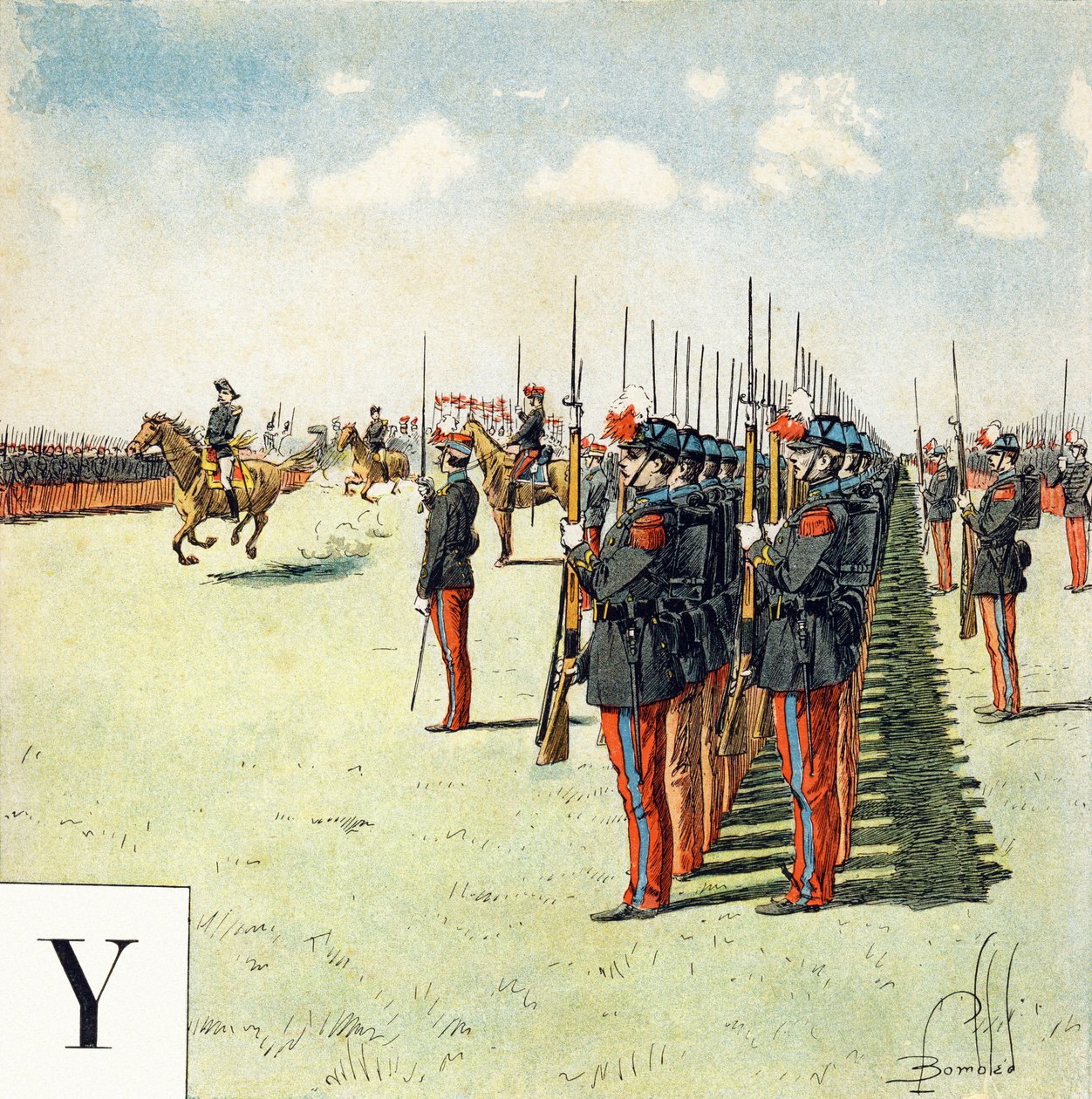 Y-kirjain: Saint Cyrin (Saint-Cyr) sotakoulun opiskelijat, "Je serai soldat" (Minusta tulee sotilas) - Sotilaaakkoset tekijältä Louis Charles Bombled