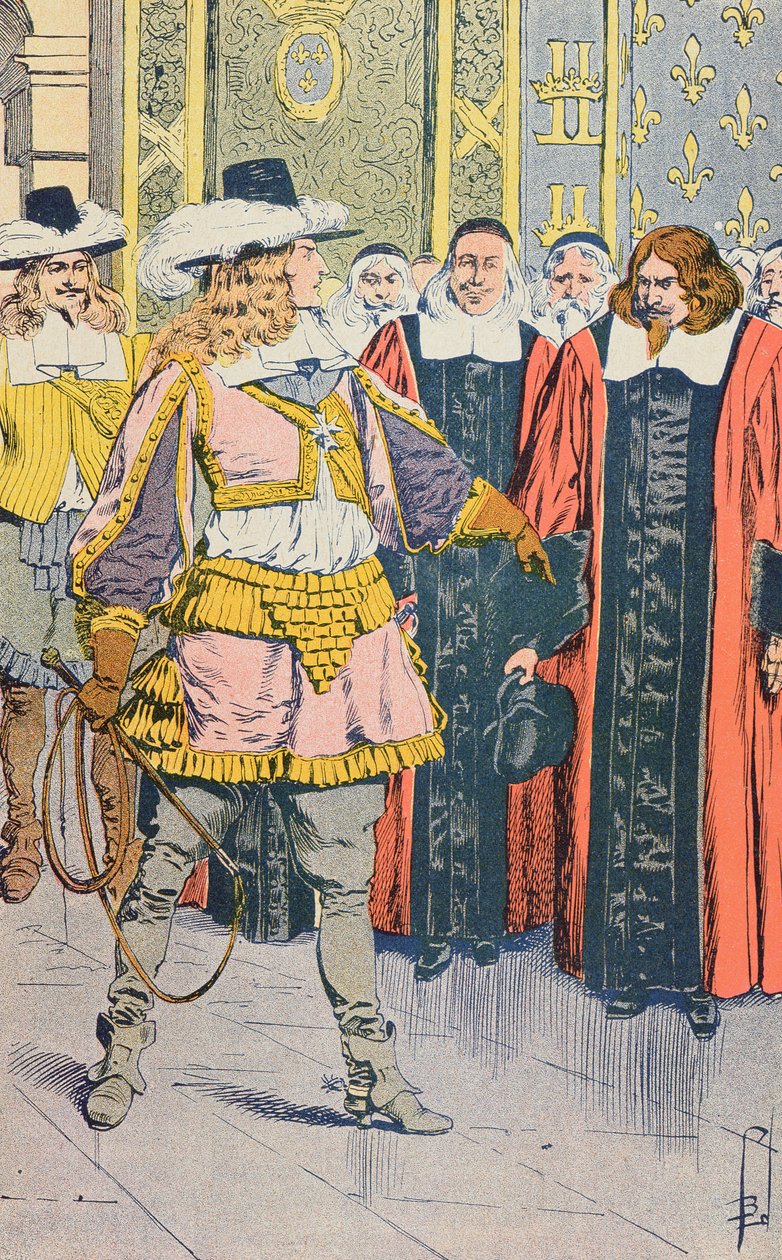 Ludvig XIV vierailemassa Ranskan parlamentissa, kuvitus Jules Micheletin Histoire de Francesta, n. 1900 tekijältä Louis Charles Bombled
