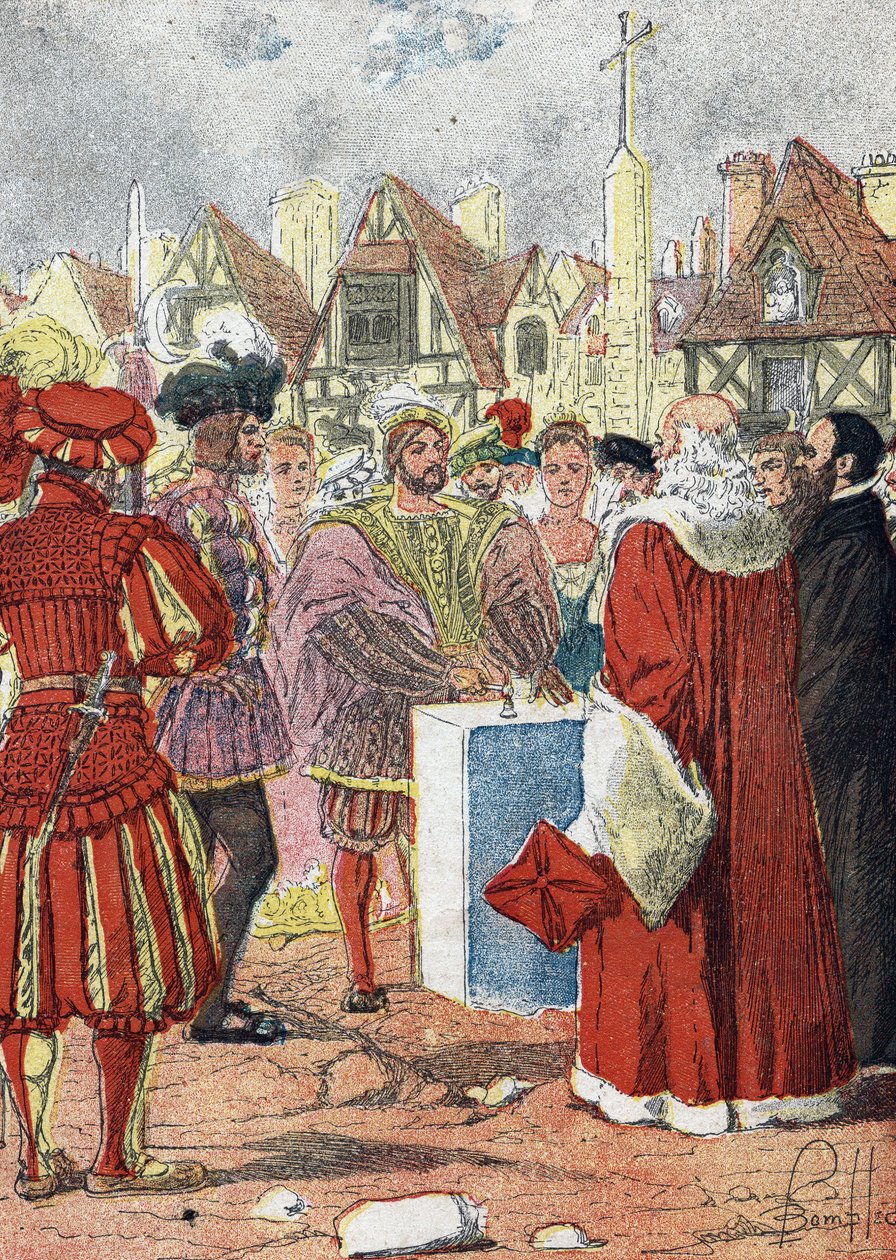 Ranskan kuningas Francois I poseeraa italialaisen arkkitehdin Boccadorin piirtämästä Hotel de Ville de parisin ensimmäisestä kivestä tekijältä Louis Charles Bombled