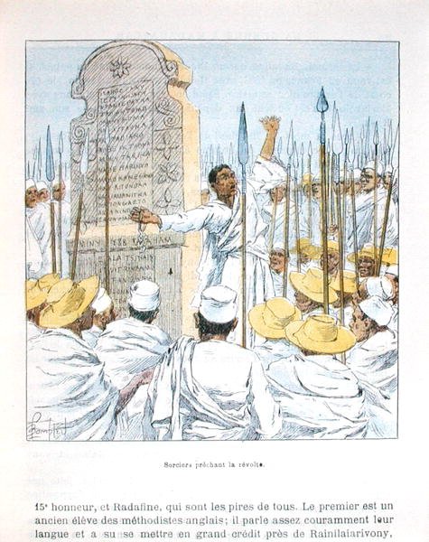 Noidat saarnaavat kapinaa Ranskaa vastaan Ranskan miehityksen jälkeen Madagaskarissa vuonna 1895, kuvitus D.H.Gallin teoksesta "La guerre a Madagascar", 1800-luvun loppu (värilitho) tekijältä Louis Charles Bombled