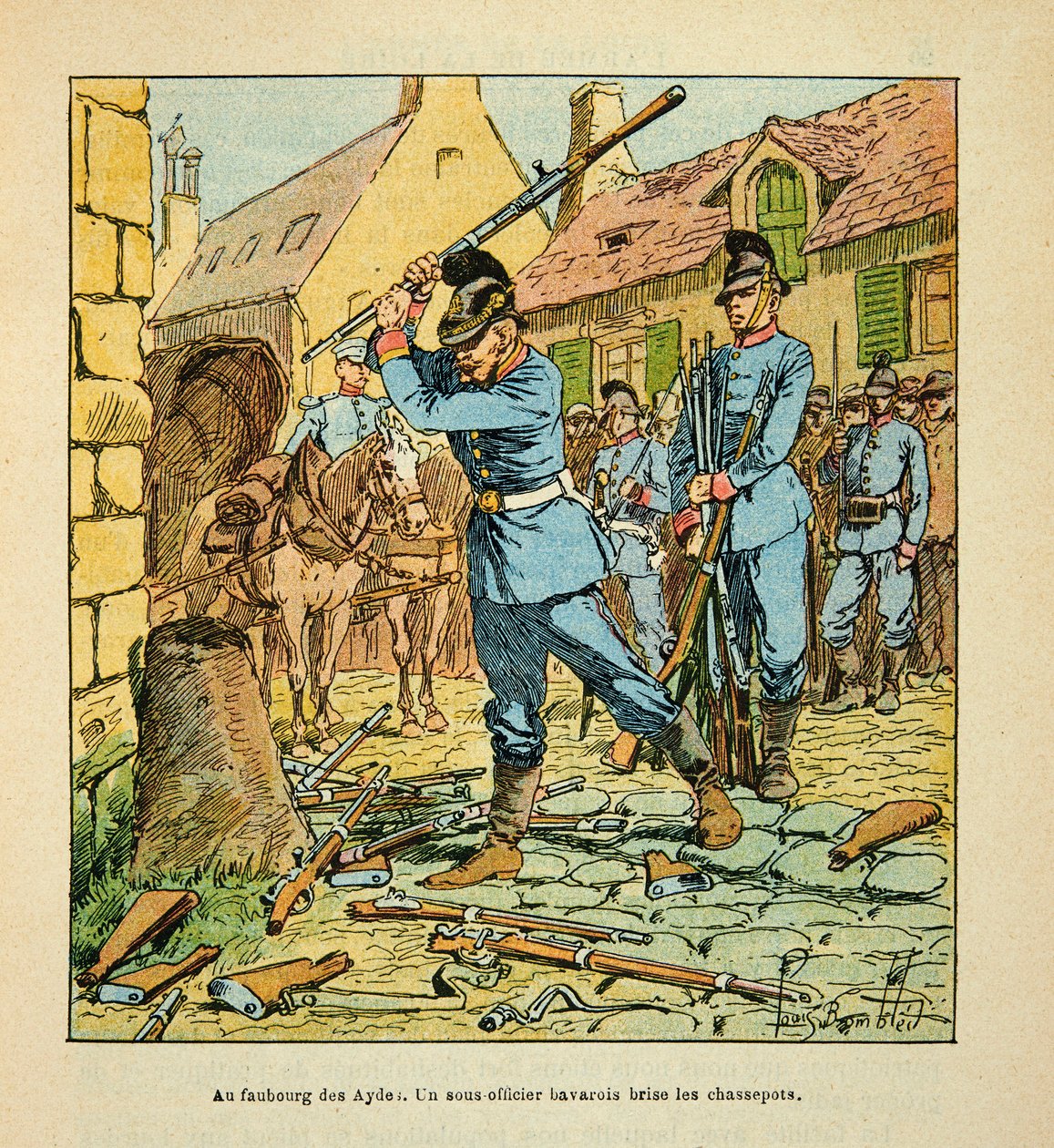 Eugene Sergentin Armee de la Loire, joka tunnetaan nimellä Grenest, kuvittanut Louis Bombled (1862-1927) (Ranskan ja Saksan sota; kampanja 1870-1871): Orleansin kaupungin valloituksen jälkeen lokakuussa 1870 baijerilainen aliupseeri mursi metsästäjät. (kiv tekijältä Louis Charles Bombled