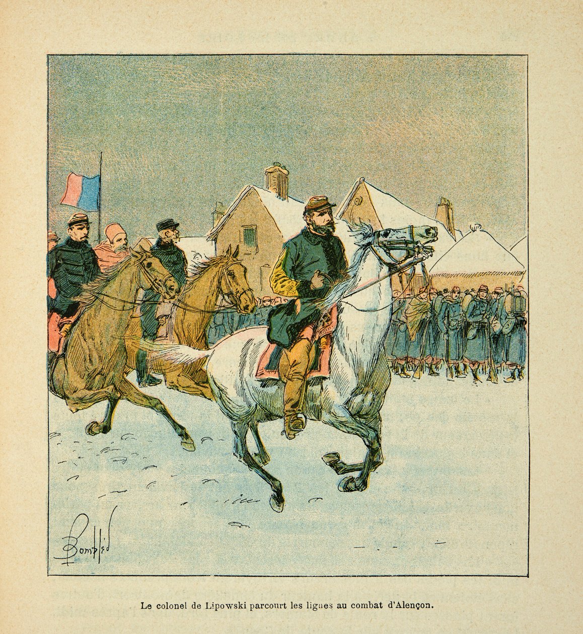 Eugene Sergeantin Loiren armeija, Grenest, kuvittanut Louis Bombled (1862-1927) (Ranskan ja Saksan sota; kampanja 1870-1871): eversti Lipowski matkustaa Alenconin taistelulinjoja tammikuussa 1871, yksityinen kokoelma tekijältä Louis Charles Bombled