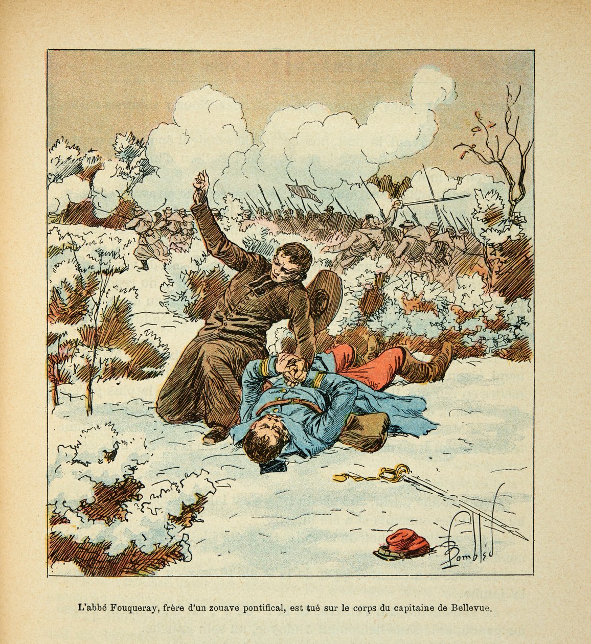 Eugene Sergeantin Loiren armeija, kuten Grenest, kuvittanut Louis Bombled (1862-1927) (Ranskan ja Saksan sota; kampanja 1870 -1871): Abbe Fouqueray, paavillisen Zouaven veli, tapetaan kapteenin ruumiiseen Bellevue, yksityinen kokoelma tekijältä Louis Charles Bombled