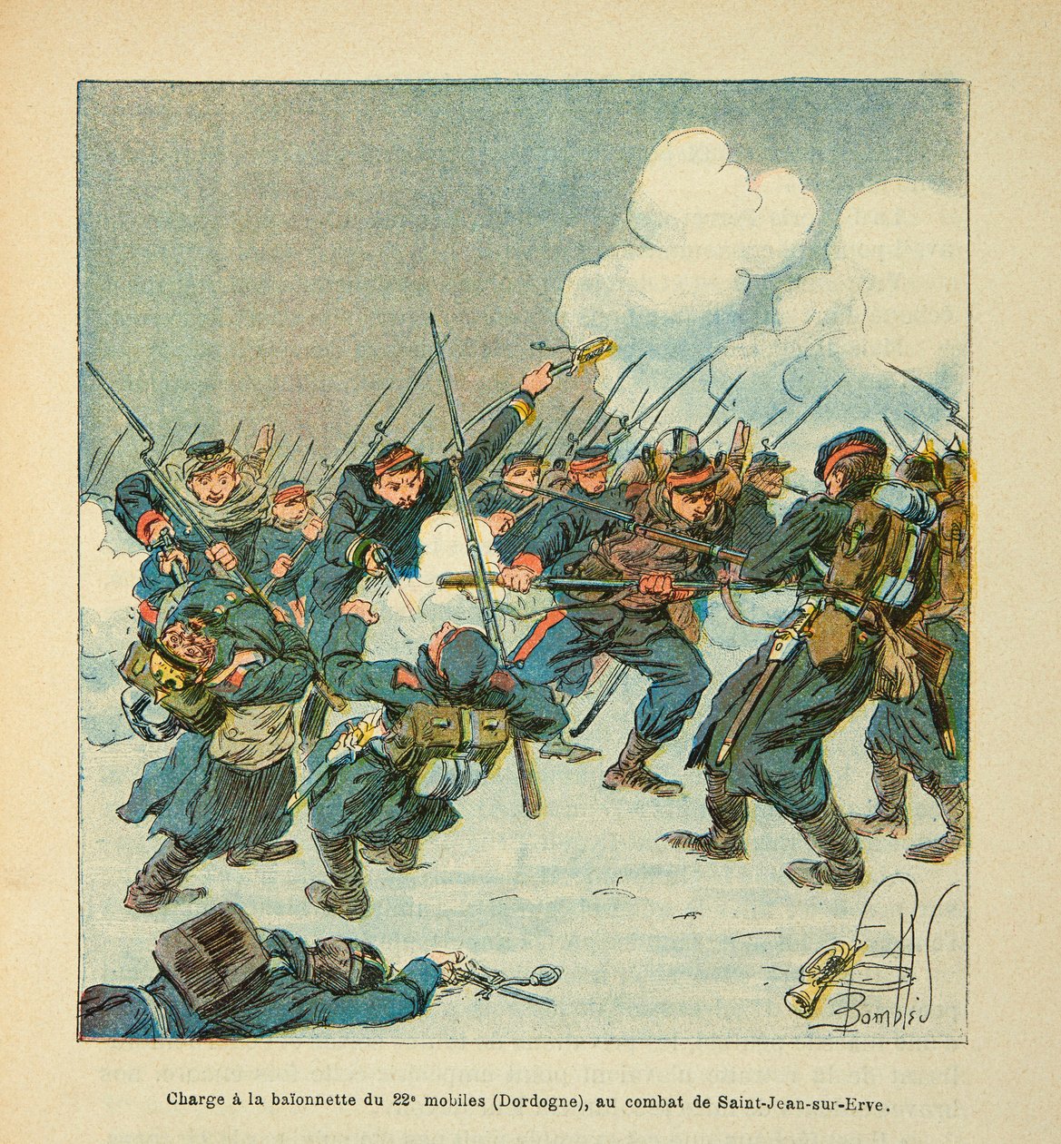 Eugene Sergeantin Loire-armee, joka tunnetaan nimellä Grenest, kuvittanut Louis Bombled (1862-1927) (Ranskan ja Saksan sota; kampanja 1870 -1871): hyökkäys 22. matkapuhelimen (Dordogne) baionettille taistelussa Saint Jean sur Evre tammikuussa 1871, P tekijältä Louis Charles Bombled