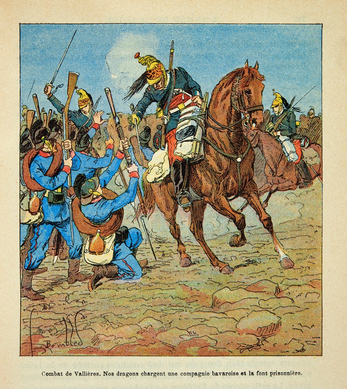 Eugene Sergentin Loire-armee, joka tunnetaan nimellä Grenest, kuvittanut Louis Bombled (1862-1927) (Ranskan ja Saksan sota; kampanja 1870 -1871): Vallieresin taistelu marraskuussa 1870, ranskalaiset lohikäärmeet hyökkäävät baijerilaista komppaniaa se vanki tekijältä Louis Charles Bombled