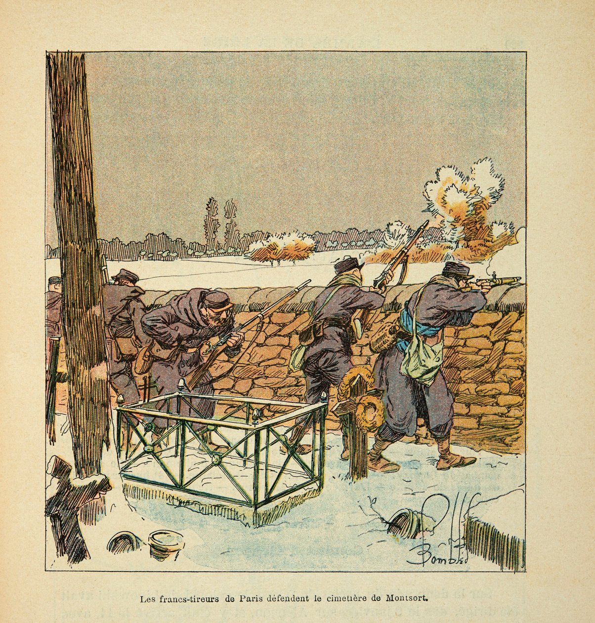 Eugene Sergentin Loiren armeija, joka tunnetaan nimellä Grenest, kuvittanut Louis Bombled (1862-1927) (Ranskan ja Saksan sota; kampanja 1870 -1871): Pariisin ranskalaiset ampujat puolustavat Montsortin (Alencon) hautausmaata tammikuussa 1871, yksityinen ko tekijältä Louis Charles Bombled