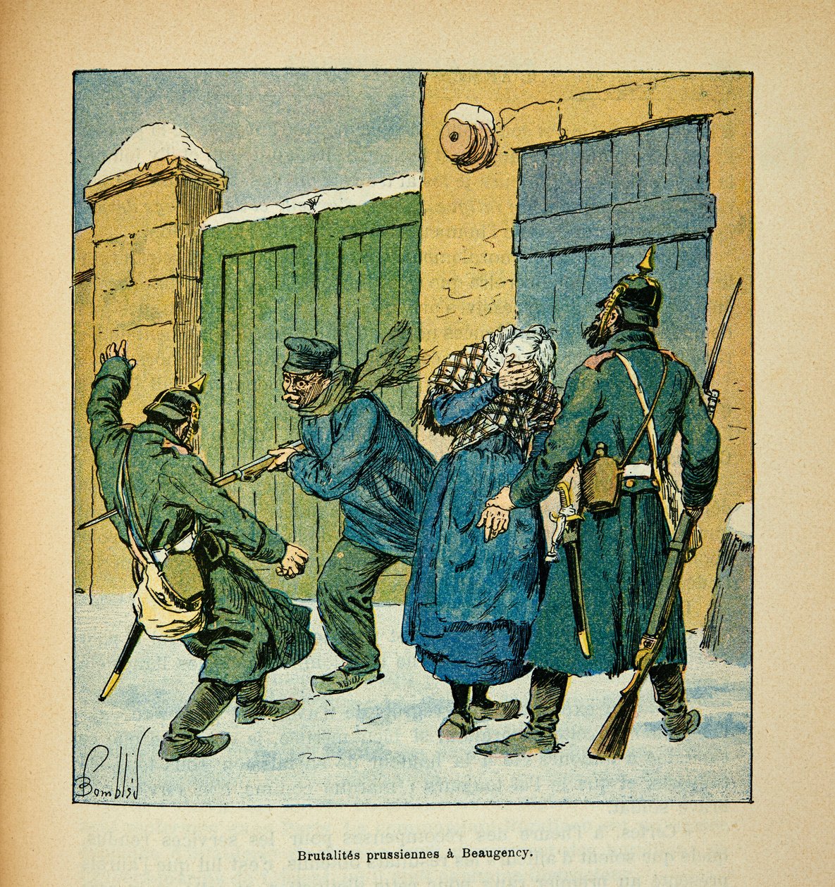 Eugene Sergentin Loiren armeija, joka tunnetaan nimellä Grenest, kuvittanut Louis Bombled (1862-1927) (Ranskan ja Saksan sota; kampanja 1870-1871): Beaugencyssa asukkaat puolustavat itseään Preussin brutaliitteja vastaan joulukuussa 1870, yksityinen Collec tekijältä Louis Charles Bombled