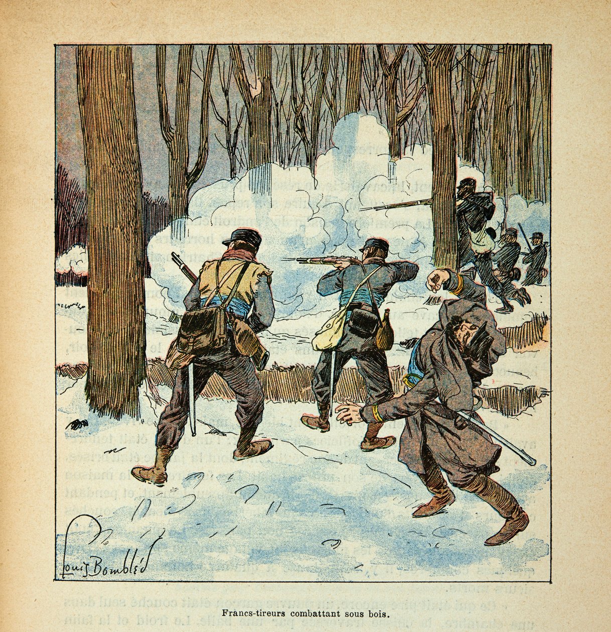 Eugene Sergentin The Armee of the Loire, joka tunnetaan nimellä Grenest, kuvittanut Louis Bombled (1862-1927) (Ranskan ja Saksan sota; kampanja 1870 -1871): Francs-ampujat Ranskalainen hävittäjä puun alla, yksityinen kokoelma tekijältä Louis Charles Bombled
