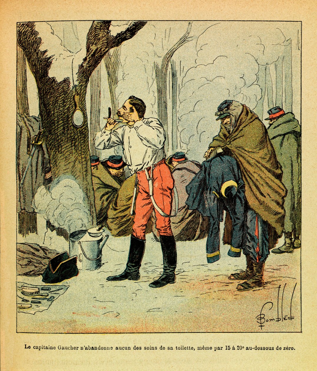 Eugene Sergeantin itäinen armeija, kuten Grenest, kuvittanut Louis Bombled (1862-1927) (Ranskan-Saksan sota; kampanja 1870-1871): Kapteeni Gaucher ei luovu vessan hoidosta edes keskellä talvi, yksityinen kokoelma tekijältä Louis Charles Bombled