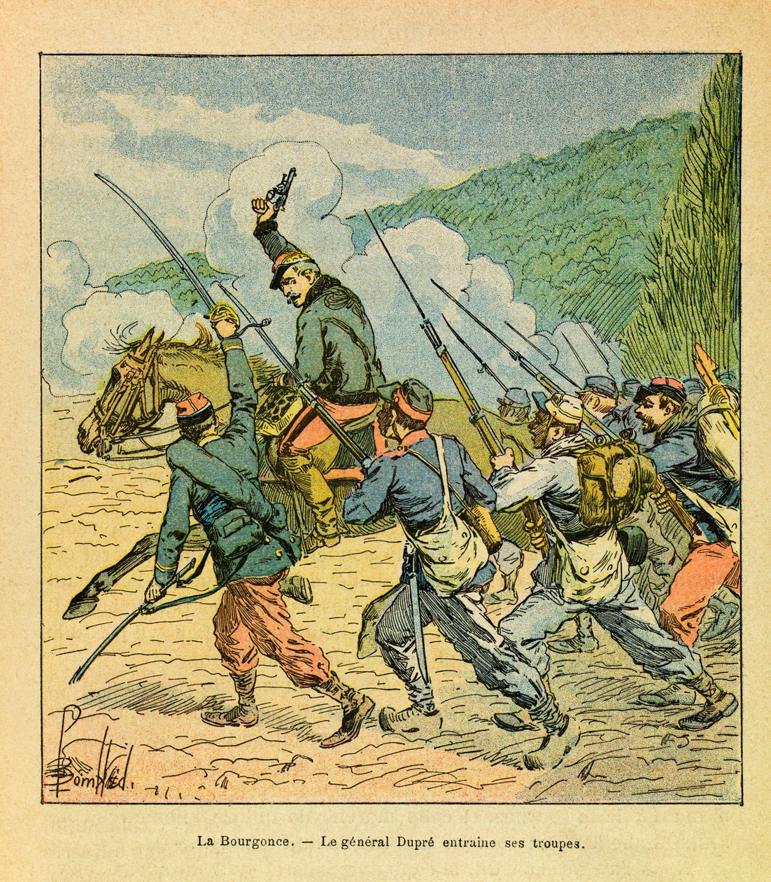 Eugene Sergeantin itäinen armeija, kuten Grenest, kuvittanut Louis Bombled (1862-1927) (Ranskan ja Saksan sota; kampanja 1870-1871): Kenraali Dupre on miehinsä pään La Bourgoncen taistelussa lokakuussa 1870, Yksityinen kokoelma tekijältä Louis Charles Bombled