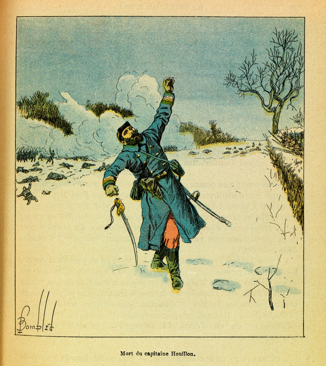 Eugene Sergeantin itäinen armeija, Grenest, kuvittanut Louis Bombled (1862-1927) (Ranskan ja Saksan sota; kampanja 1870 -1871): tammikuu 1871, Hericourt, kapteeni Houillonin kuolema, yksityinen kokoelma tekijältä Louis Charles Bombled