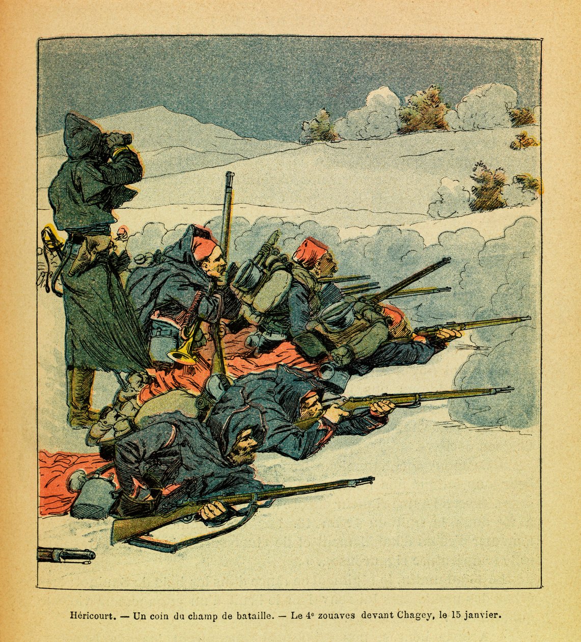 Eugene Sergeantin itäarmee, Grenest, kuvittanut Louis Bombled (1862-1927) (Ranskan ja Saksan sota; kampanja 1870-1871): Hericourt, taistelukentän kulma; 4. Zouave ennen Chageyta 15. tammikuuta tekijältä Louis Charles Bombled