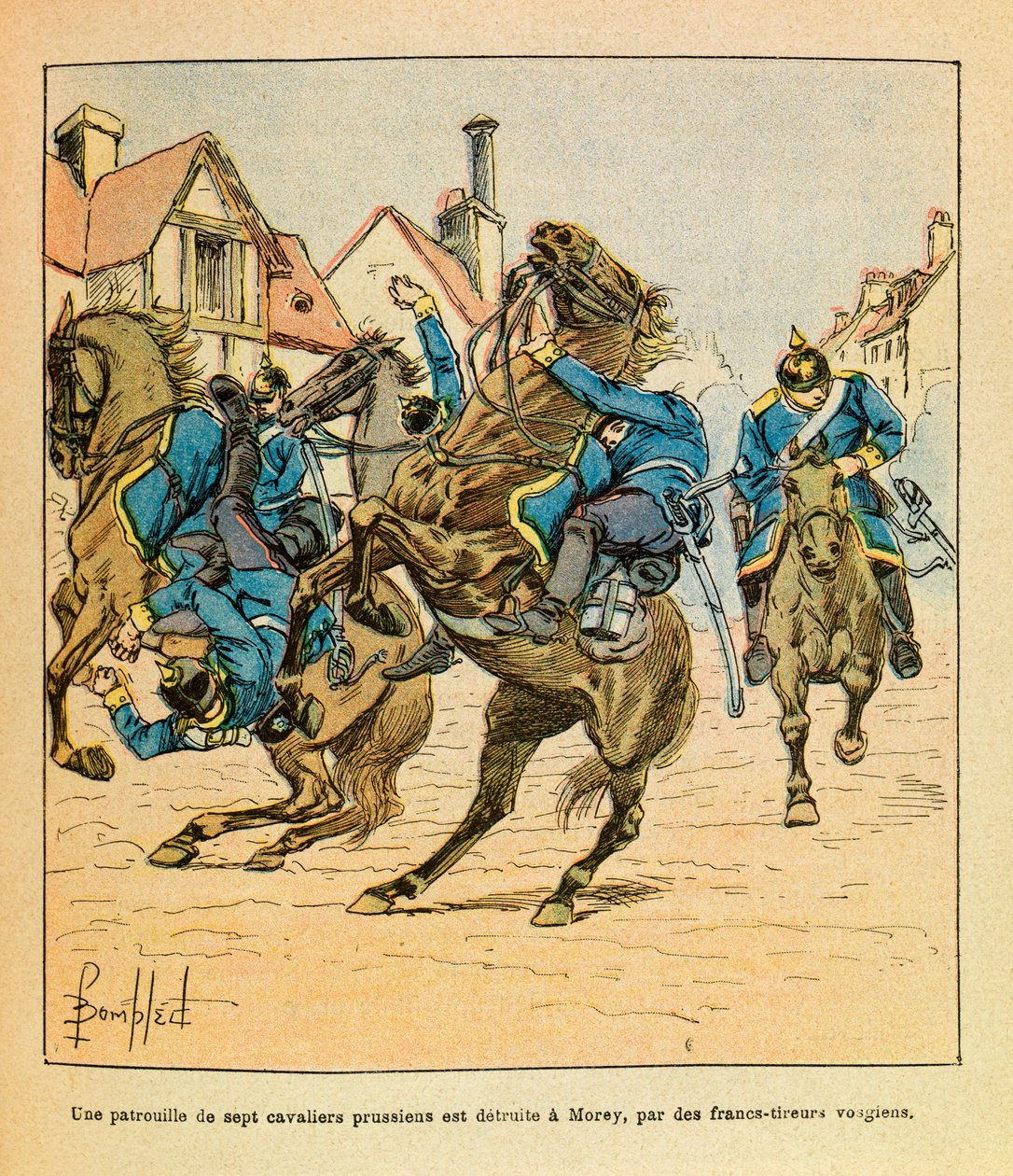 Eugene Sergeantin itäinen armeija, kuten Grenest, kuvittanut Louis Bombled (1862-1927) (Ranskan ja Saksan sota; kampanja 1870-1871): Joulukuussa 1870 Vosgian tarkka-ampujat tuhosivat seitsemän preussilaisen ratsumiehen partion Moreyssa. Erityinen kokoelma tekijältä Louis Charles Bombled