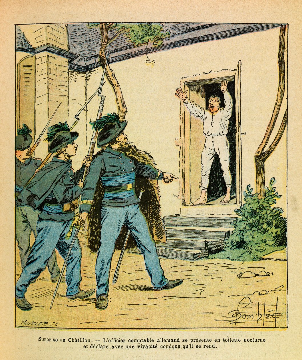 Eugene Sergeantin itäinen armeija, kuten Grenest, kuvittanut Louis Bombled (1862-1927) (Ranskan ja Saksan sota; kampanja 1870 -1871): Marraskuu 1870 Chatillon sur Seinen kapteeni Michard vangitsi saksalaisen tilinpitäjän hotellissa. de la Cote d tekijältä Louis Charles Bombled