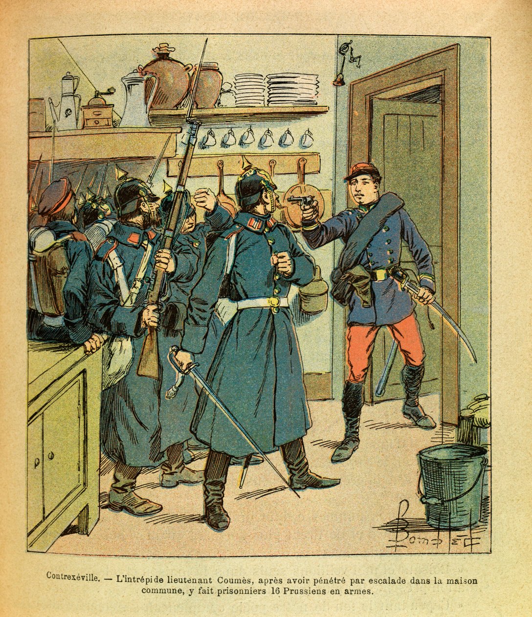 Eugene Sergeantin itäinen armeija, kuten Grenest, kuvittanut Louis Bombled (1862-1927) (Ranskan ja Saksan sota; kampanja 1870-1871): Contrexevillessä peloton luutnantti Coumes kiipesi yhteiseen taloon ja otti 16 preussilaista vankia. jonkin sisällä tekijältä Louis Charles Bombled