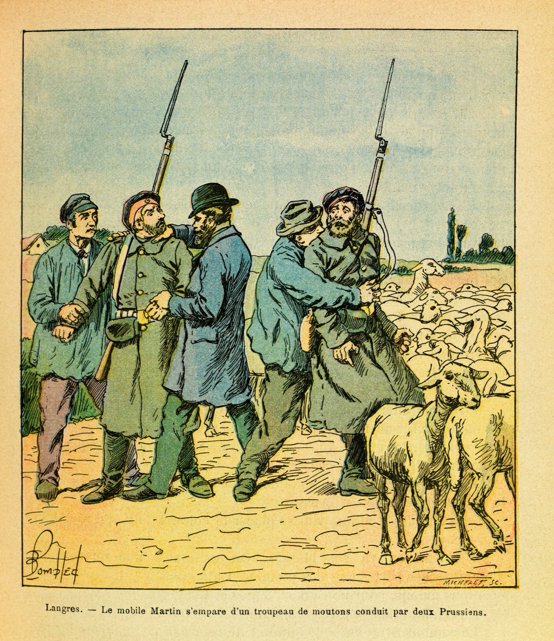 Eugene Sergeantin itäinen armeija, Grenest, kuvittanut Louis Bombled (1862-1927) (Ranskan ja Saksan sota; kampanja 1870 -1871): Talonpojaksi naamioitunut Martin-matkapuhelin takavarikoi kahden preussilaisen johtaman lammaslauman Langresiin marraskuussa 187 tekijältä Louis Charles Bombled
