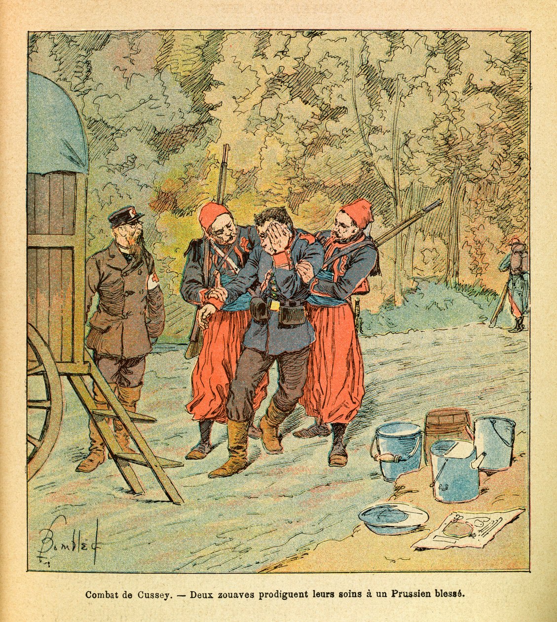 Eugene Sergeantin itäinen armeija, kuten Grenest, kuvittanut Louis Bombled (1862-1927) (Ranskan ja Saksan sota; kampanja 1870 -1871): Cusseyn taistelu, lokakuu 1870, kaksi Zouavia huolehtivat haavoittuneesta preussilaisesta, kokoelma osittainen tekijältä Louis Charles Bombled