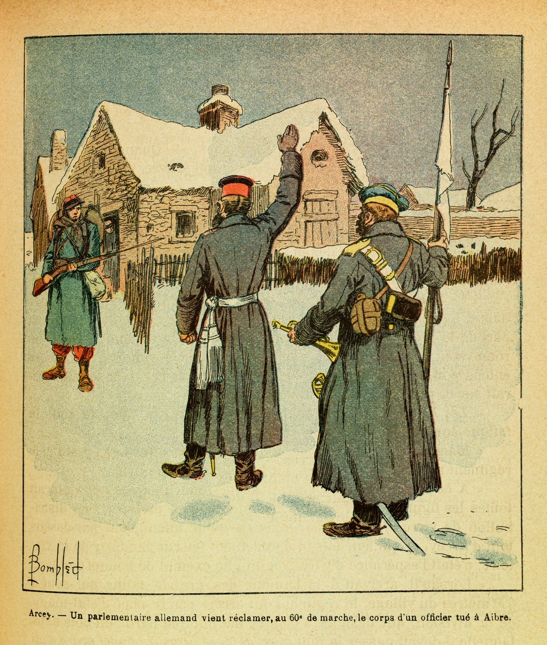 Eugene Sergeantin itäinen armeija, kuten Grenest, kuvittanut Louis Bombled (1862-1927) (Ranskan ja Saksan sota; kampanja 1870 -1871): Tammikuu 1871 - Arcey, saksalainen kansanedustaja tulee takaisin 60. maaliskuussa ruumista upseerin murhasta Aibressa tekijältä Louis Charles Bombled