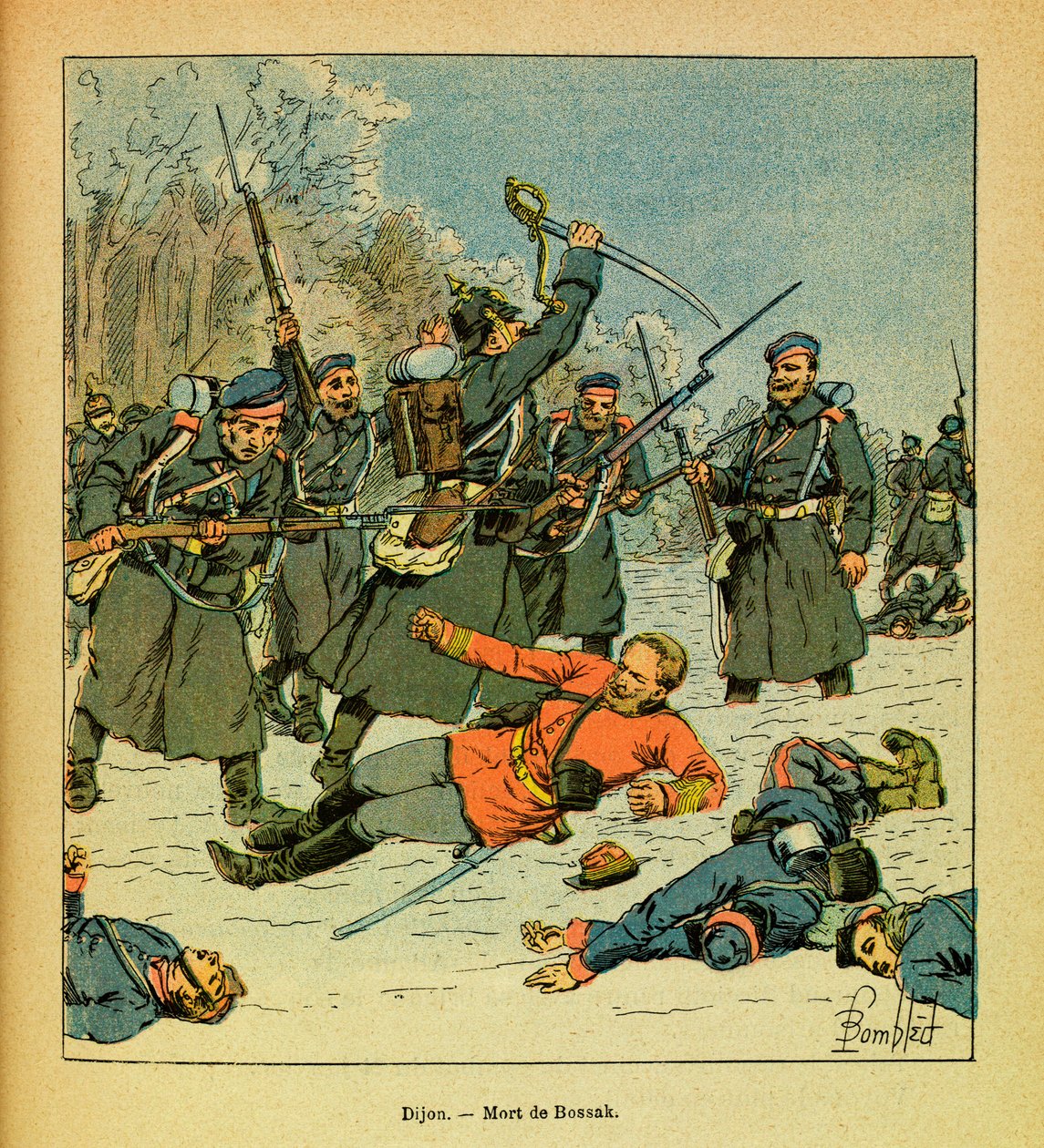 Eugene Sergeantin itäinen armeija, Grenest, kuvittanut Louis Bombled (1862-1927) (Ranskan ja Saksan sota; kampanja 1870-1871): Kenraali Bossak-Hauke kuoli paikassa, joka tunnetaan nimellä "La Cap" tekijältä Louis Charles Bombled