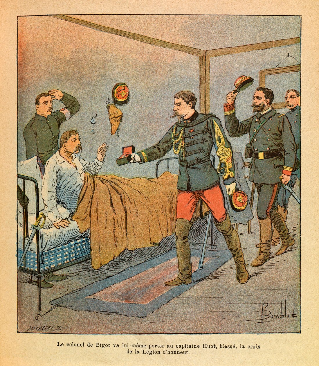 Eugene Sergeantin itäarmeija, Grenest, kuvittanut Louis Bombled (1862-1927) (Ranskan ja Saksan sota; kampanja 1870-1871): Eversti De Bigot itse toi kapteeni Huotille Kunnialegioonan ristin taisteluiden jälkeen Voujeaucourtista sisään tekijältä Louis Charles Bombled
