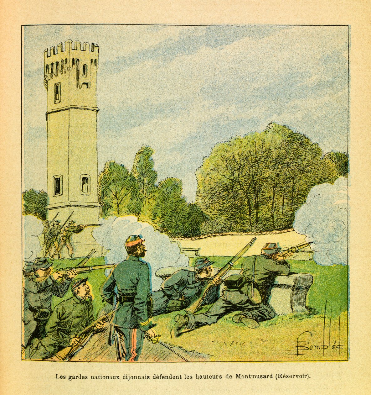 Eugene Sergeantin itäinen armeija, kuten Grenest, kuvittanut Louis Bombled (1862-1927) (Ranskan ja Saksan sota; kampanja 1870 -1871): Dijonin puolustus lokakuussa 1870, Dijonnaisin kansalliskaarti puolustaa Montmusardin korkeuksia, yksityinen Kokoelma tekijältä Louis Charles Bombled
