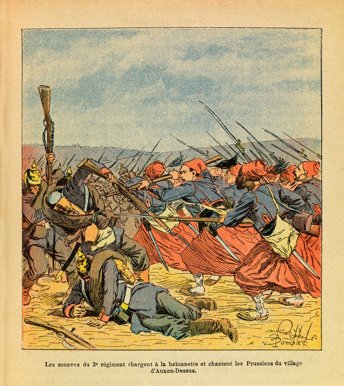 Eugene Sergeantin itäinen armeija, kuten Grenest, kuvittanut Louis Bombled (1862-1927) (Ranskan ja Saksan sota; kampanja 1870-1871): 3. rykmentin zouavit syöksyvät baionettia ja ajavat preussilaiset pois kylästä Auxon-Dessus aikana t tekijältä Louis Charles Bombled