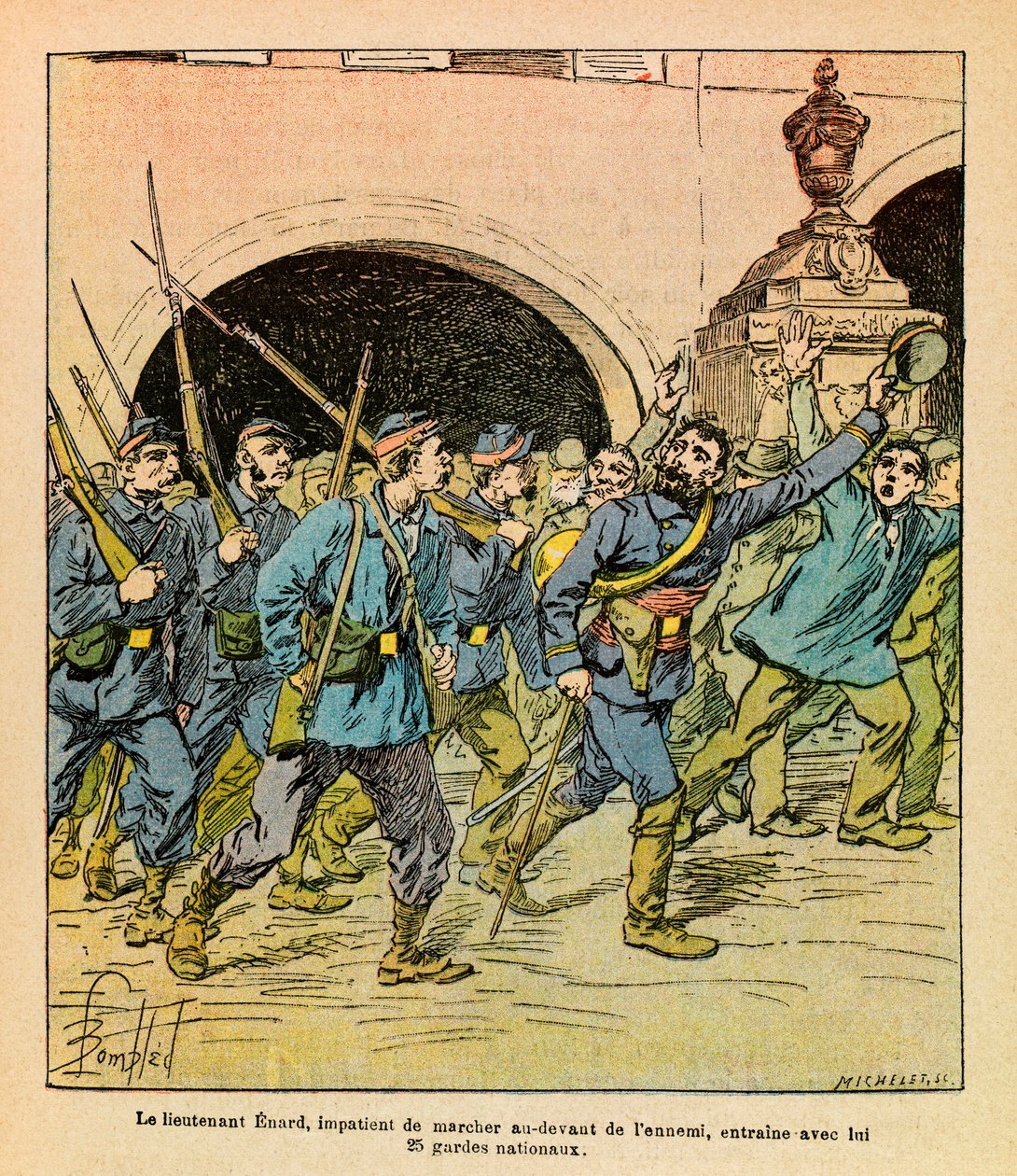 Eugene Sergeantin itäinen armeija, kuten Grenest, kuvittanut Louis Bombled (1862-1927) (Ranskan ja Saksan sota; kampanja 1870-1871): Epinalin taistelujen aikana lokakuussa 1870 luutnantti Enard käveli innokkaasti vihollisen edessä johti hänen kanssaan Nati tekijältä Louis Charles Bombled
