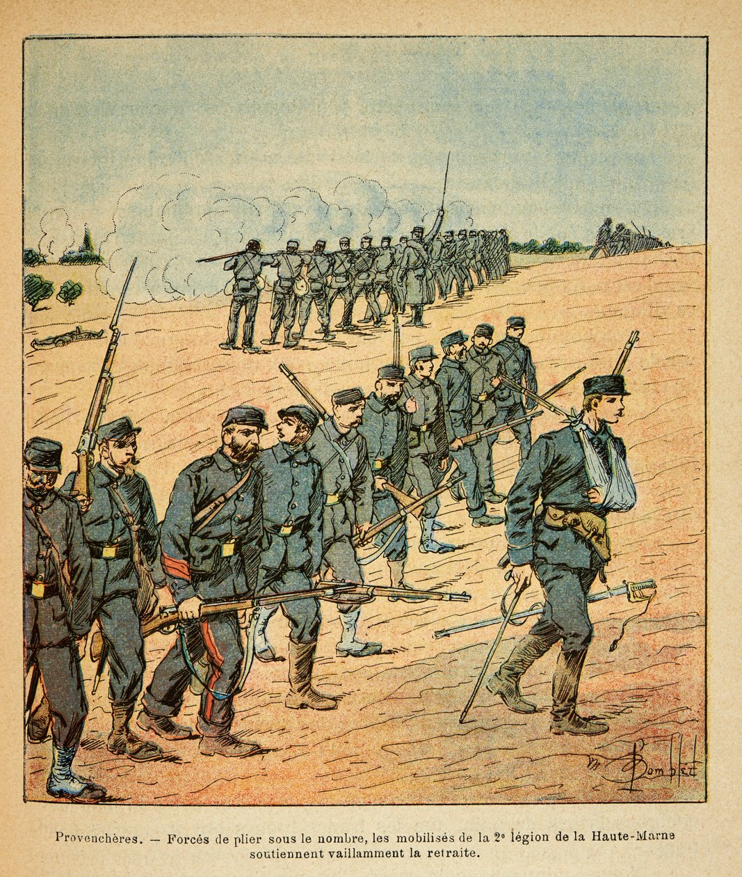 Eugene Sergeantin itäinen armeija, joka tunnetaan nimellä Grenest, kuvannut Louis Bombled (1862-1927) (Ranskan ja Saksan sota; kampanja 1870 -1871): Provencheresissa Ylä-Marnen 2. legioonan mobilisoituneet pakotettiin vetäytymään. vihollisten määrä tekijältä Louis Charles Bombled