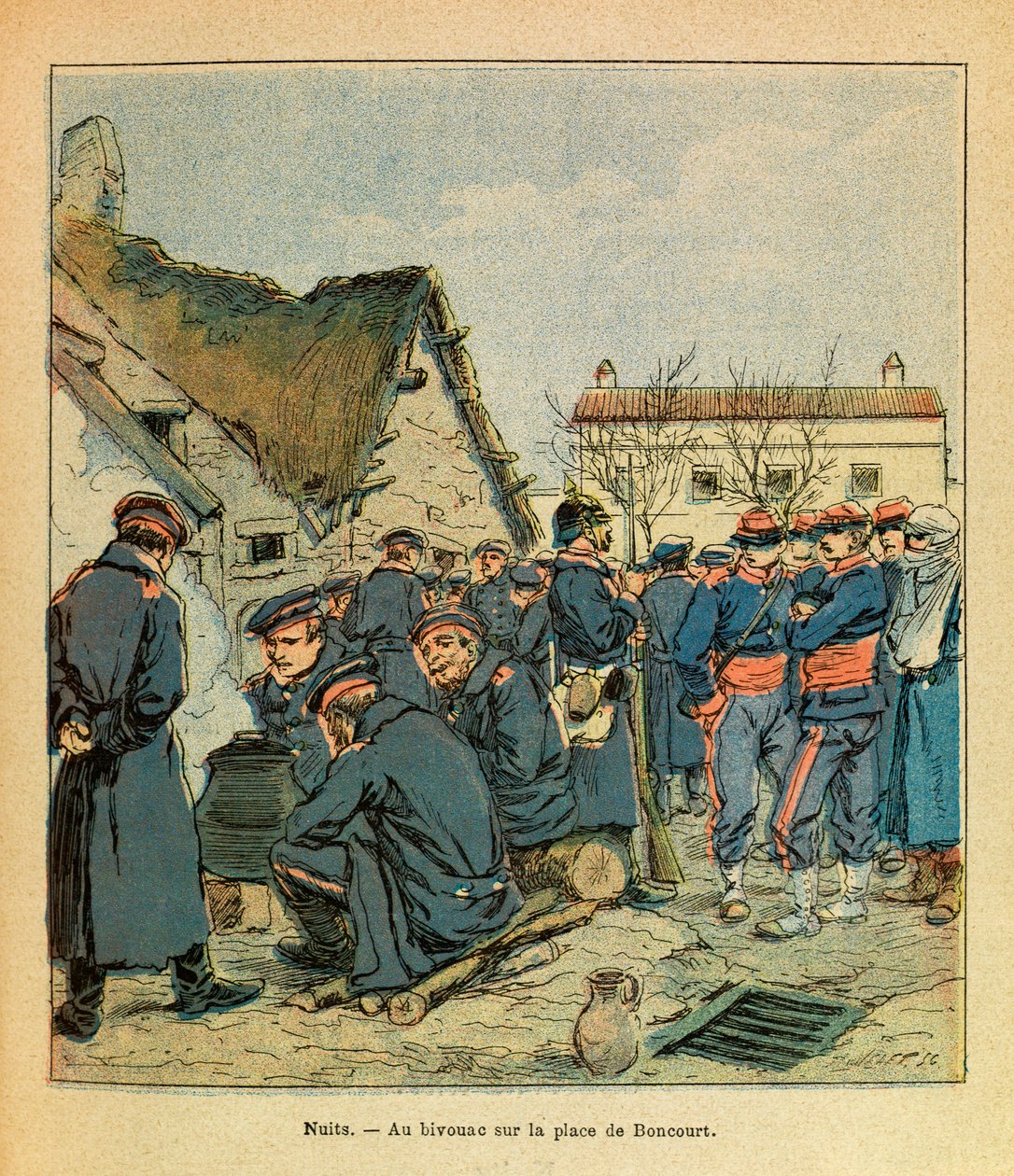 Eugene Sergeantin itäinen armee, joka tunnetaan nimellä Grenest, kuvannut Louis Bombled (1862-1927) (Ranskan ja Saksan sota; kampanja 1870 -1871): Battle of Nights Saint Georges, saksalainen bivouac Place de Boncourtilla ranskalaisten vankien kanssa, Yksit tekijältä Louis Charles Bombled