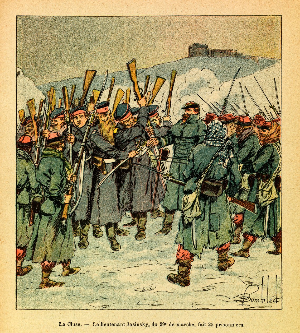Eugene Sergeantin itäinen armeija, joka tunnetaan nimellä Grenest, kuvannut Louis Bombled (1862-1927) (Ranskan ja Saksan sota; kampanja 1870 -1871): Helmikuu 1871 La Clusen viimeisten taistelujen aikana Luutnant Jasinsky 29. maaliskuuta sai 35 vankia, Priv tekijältä Louis Charles Bombled