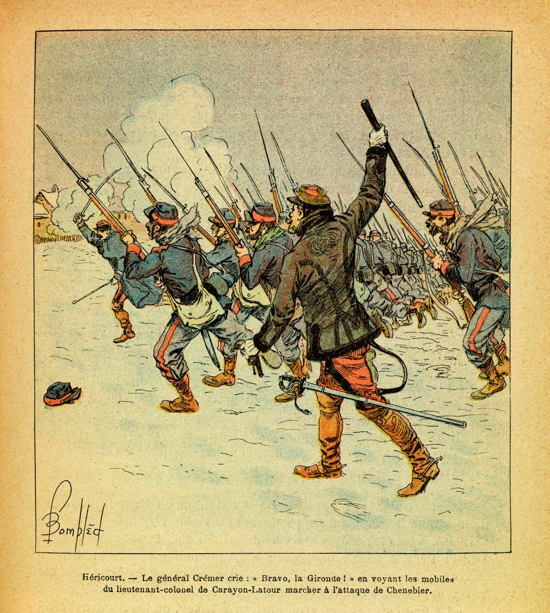 Eugene Sergeantin itäinen armeija, joka tunnetaan nimellä Grenest, kuvannut Louis Bombled (1862-1927) (Ranskan ja Saksan sota; kampanja 1870 -1871): Tammikuu 1871, Hericourt, kenraali Cremer huutaa "Bravo, La Gironde" nähdessään everstiluutnantin motiivit tekijältä Louis Charles Bombled