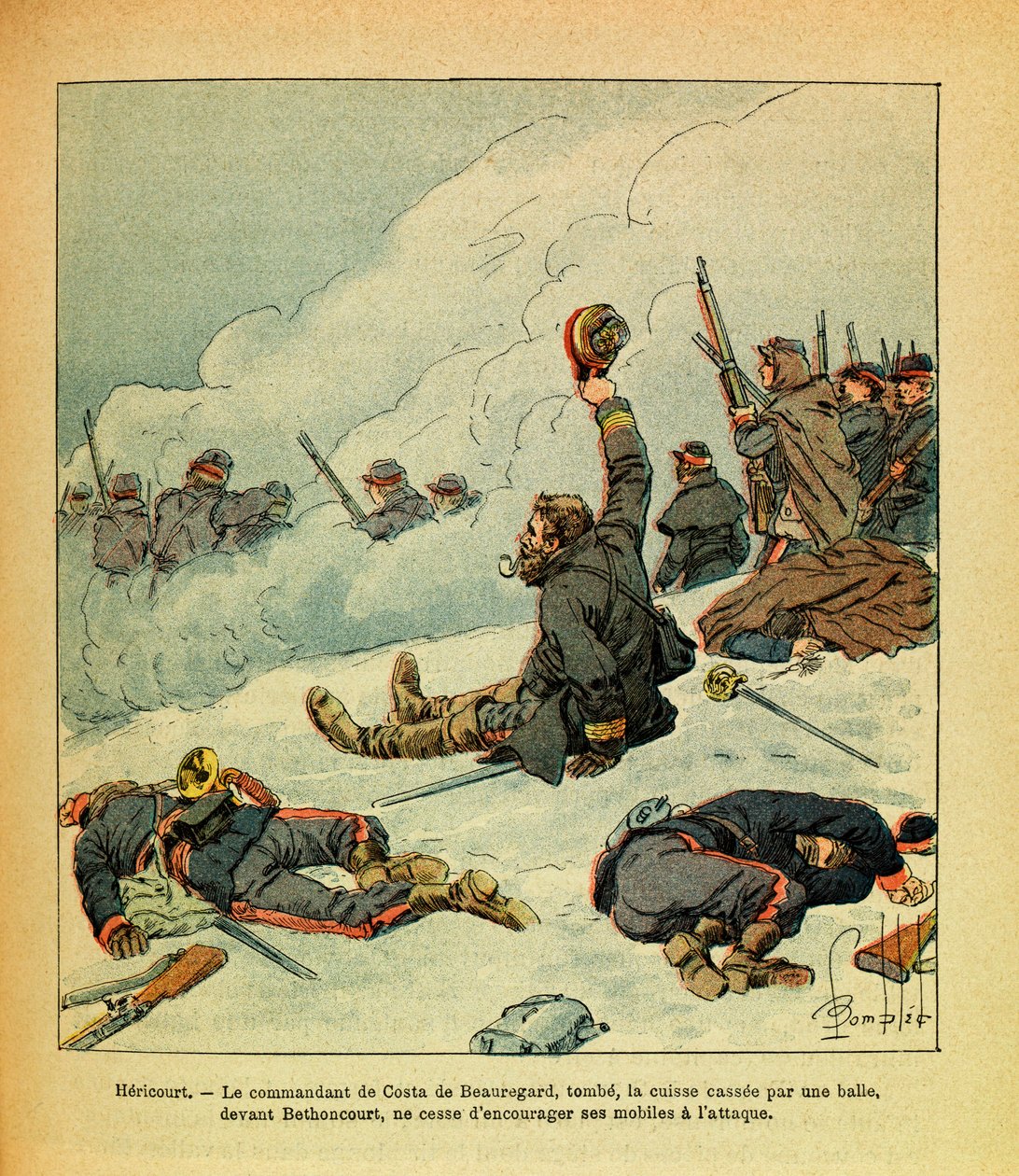 Eugene Sergeantin itäinen armeija, joka tunnetaan nimellä Grenest, kuvannut Louis Bombled (1862-1927) (Ranskan ja Saksan sota; kampanja 1870 -1871): Tammikuu 1871, Costa de Beauregardin komentaja Hericourt - putoaa reidensä. luoti Betin edessä tekijältä Louis Charles Bombled